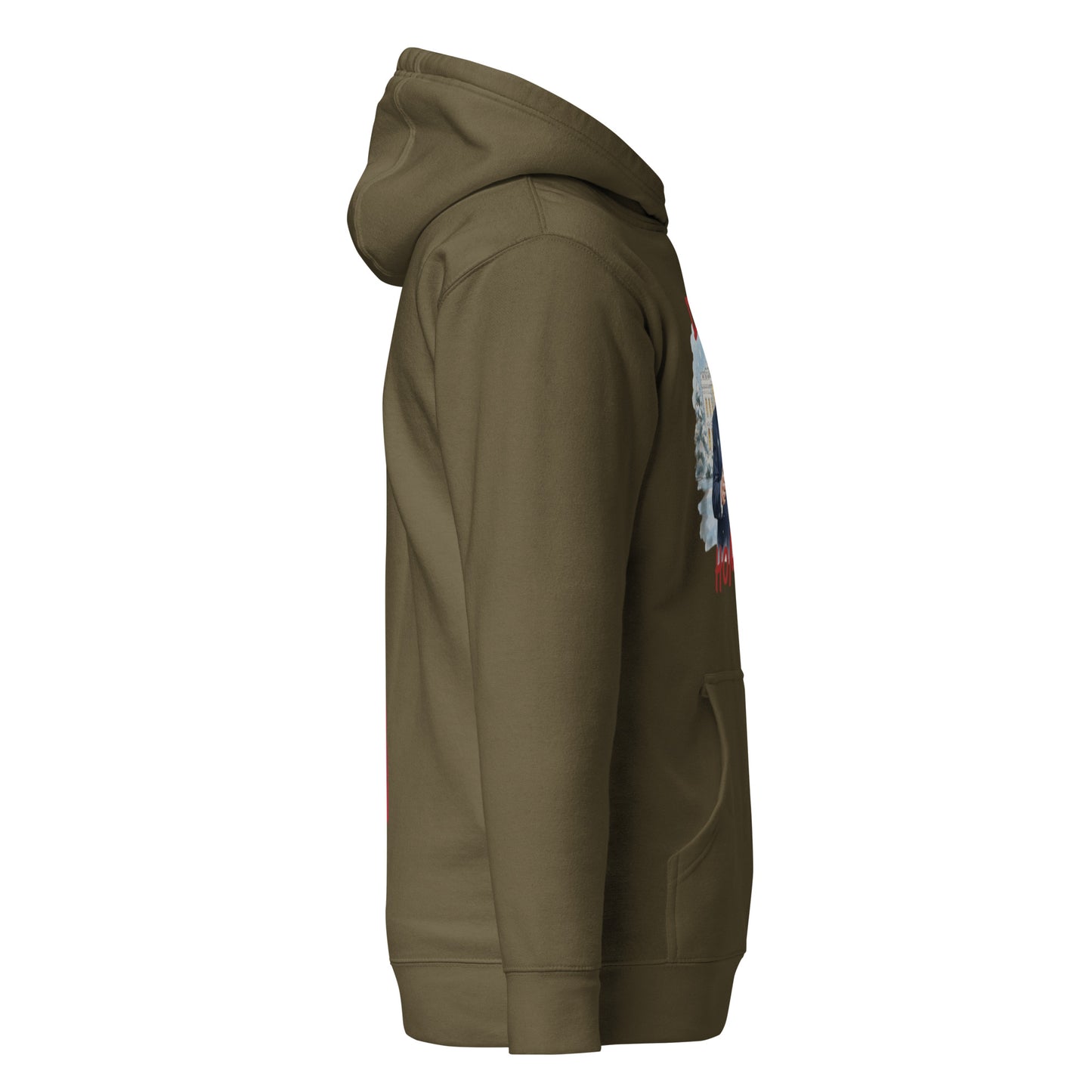 Side shot of olive green Trump hoodie teasing front Santa design, drawstring hood, relaxed fit