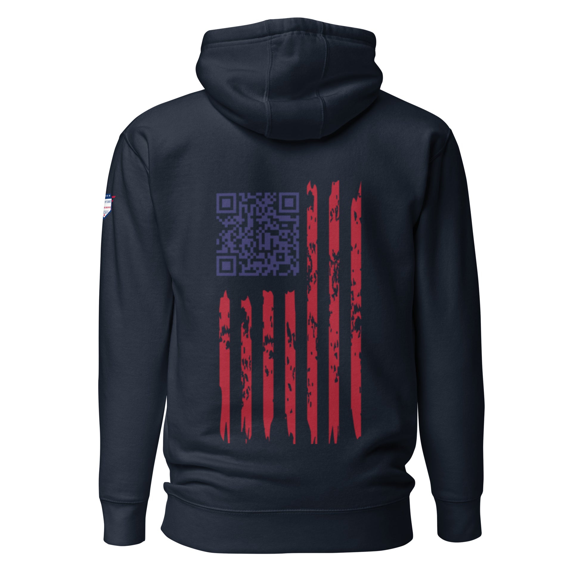 Back view of navy hoodie featuring grunge American flag and purple Trump dance QR code