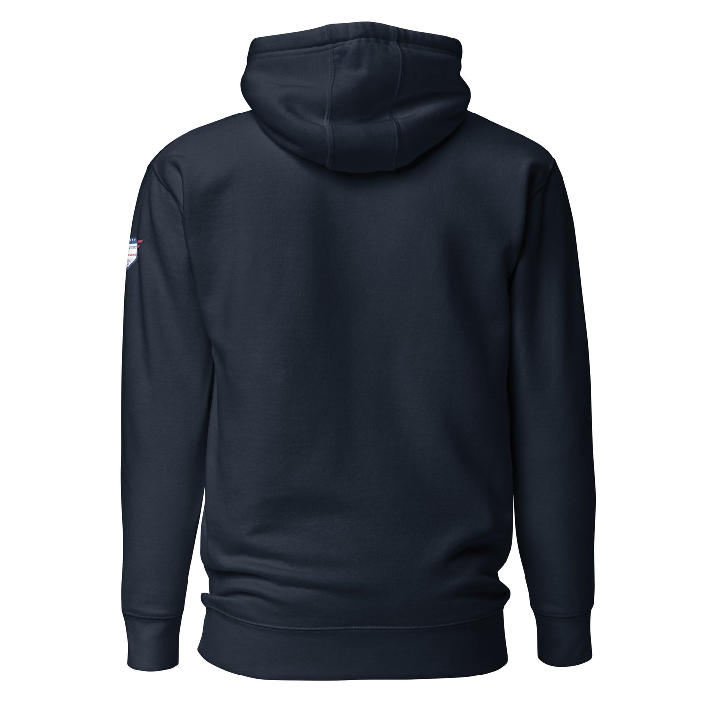 Back view of plain navy unisex Detective hoodie with small USA flag patch on shoulder
