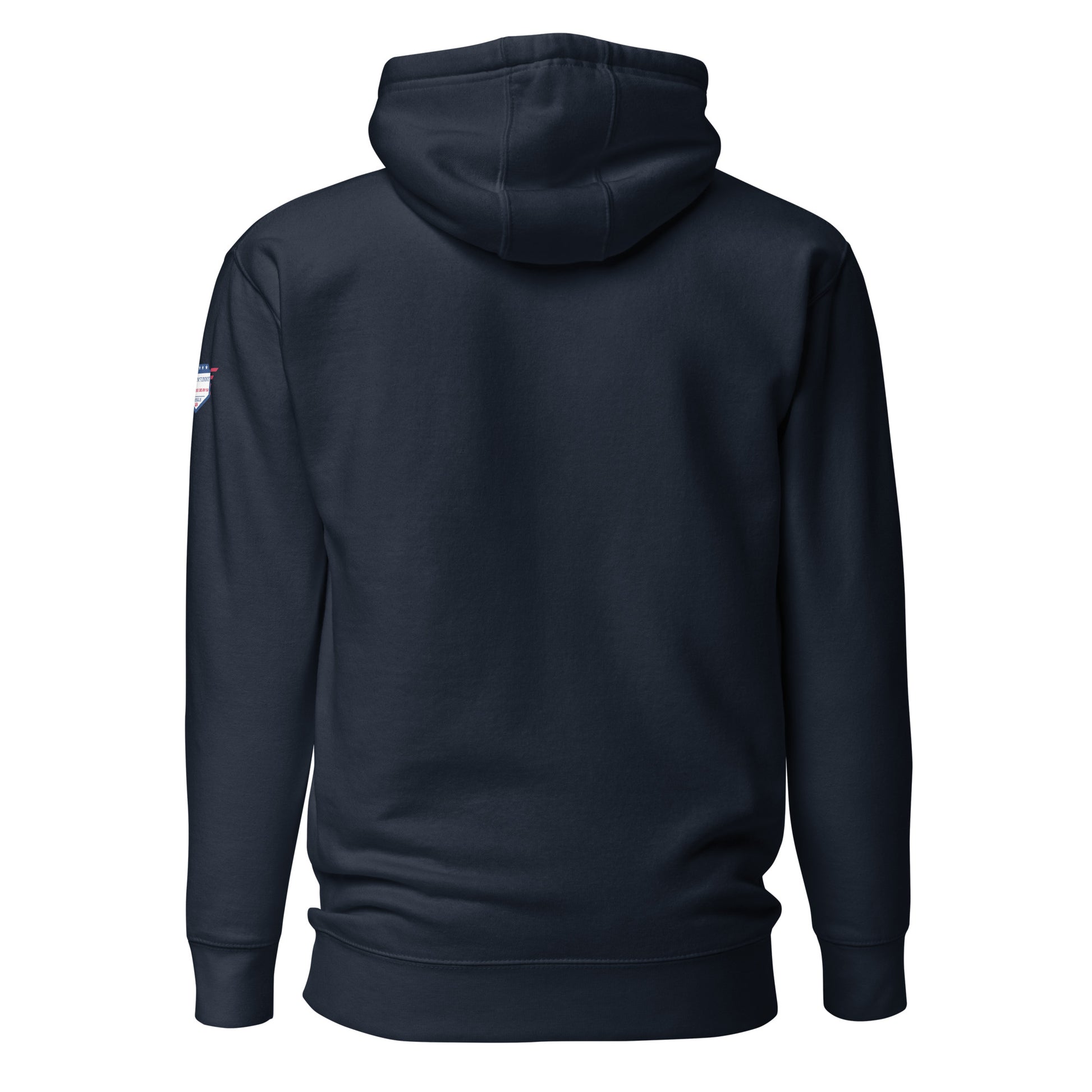 Back view of plain navy unisex Detective hoodie with small USA flag patch on shoulder