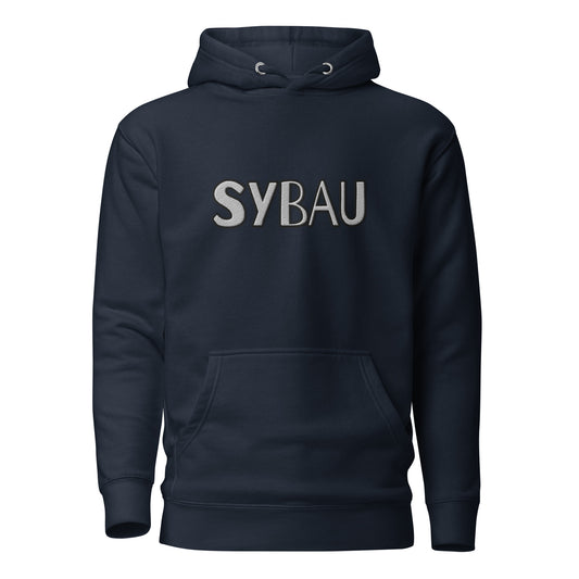 Front view of navy blue unisex hoodie with silver "SYBAUU" embroidery on chest, pouch pocket and hood details