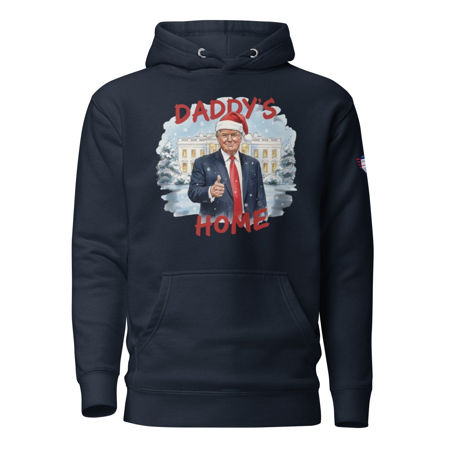 Front view of navy Daddy’s Home Trump Santa hoodie with snowy White House graphic