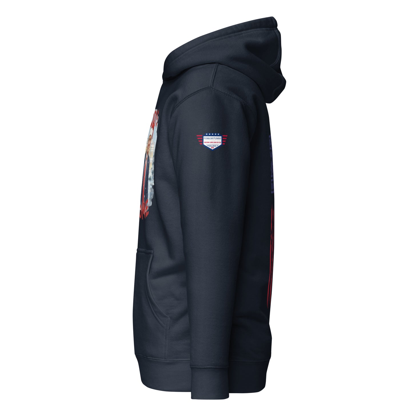 Side view of navy Trump Christmas hoodie showing US flag sleeve patch and partial front design