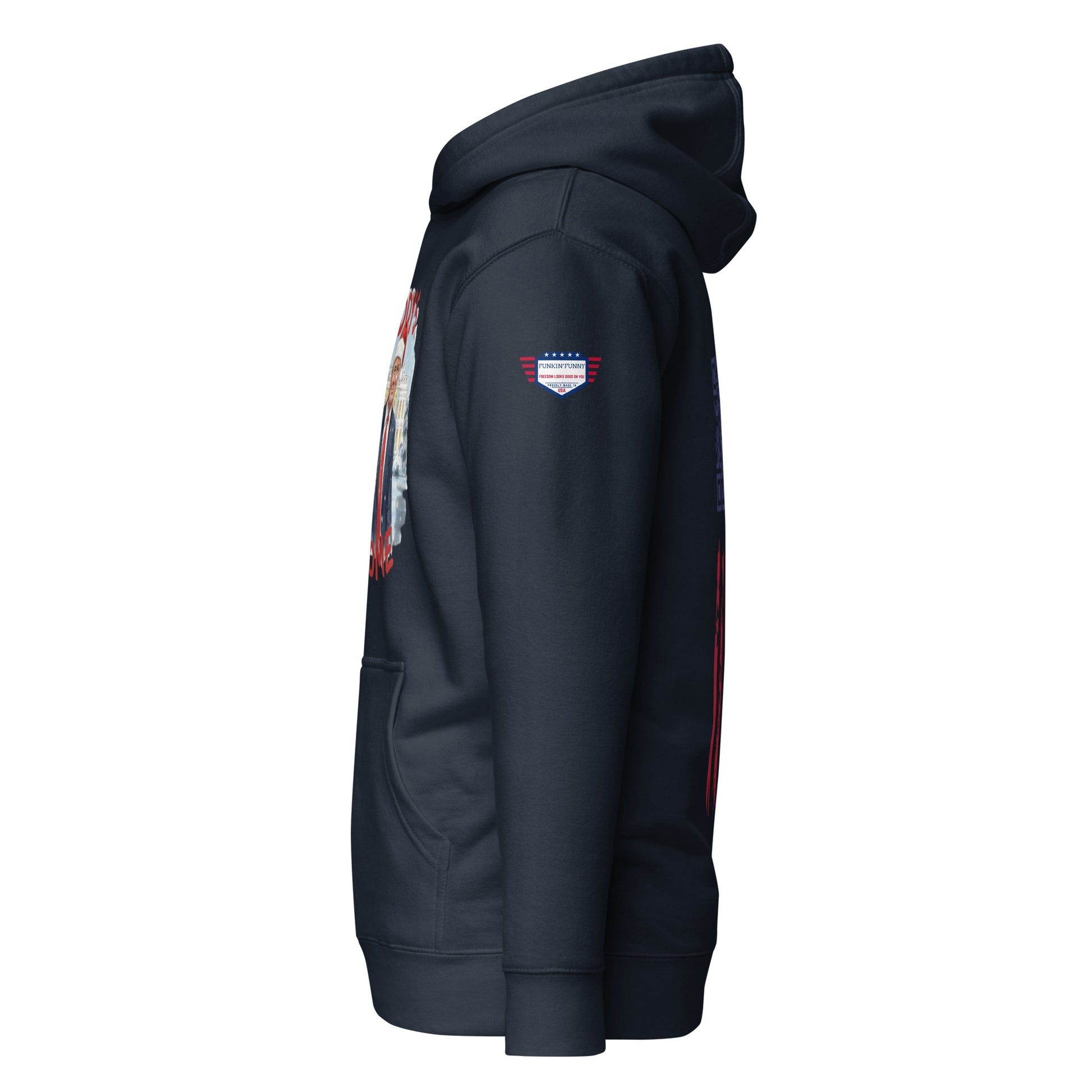 Side view of navy Trump Christmas hoodie showing US flag sleeve patch and partial front design