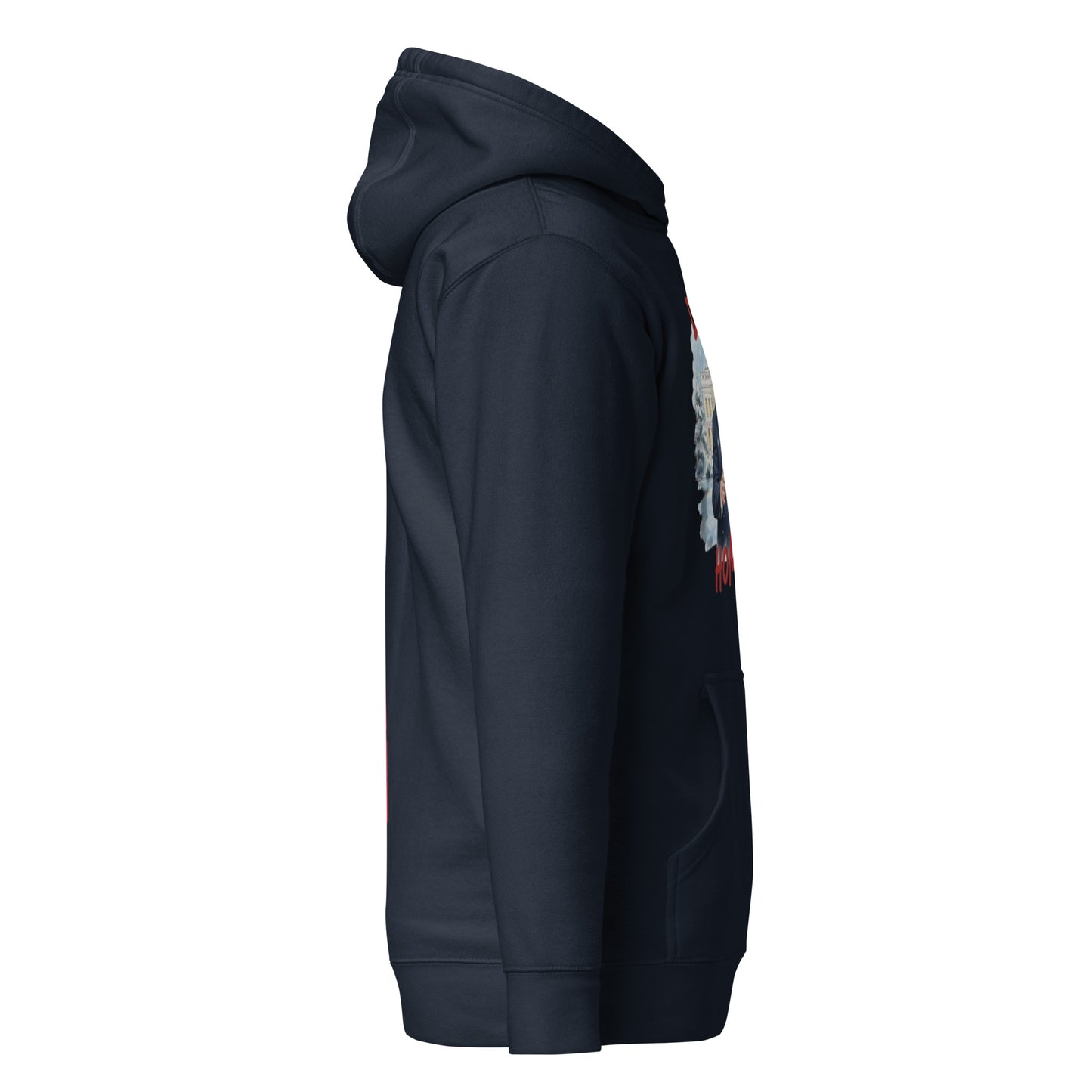 Side view of navy hoodie highlighting partial Daddy’s Home Trump Santa graphic and pouch pocket