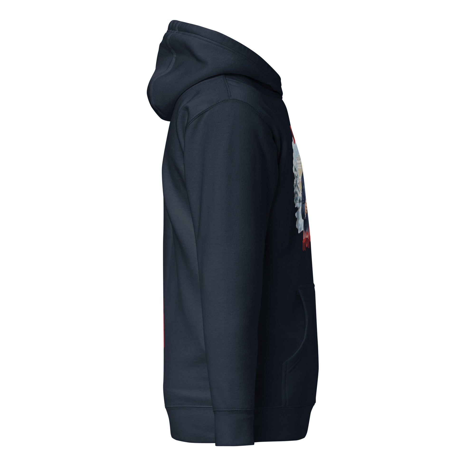 Side view of navy hoodie with kangaroo pouch pocket and edge of Santa Trump print