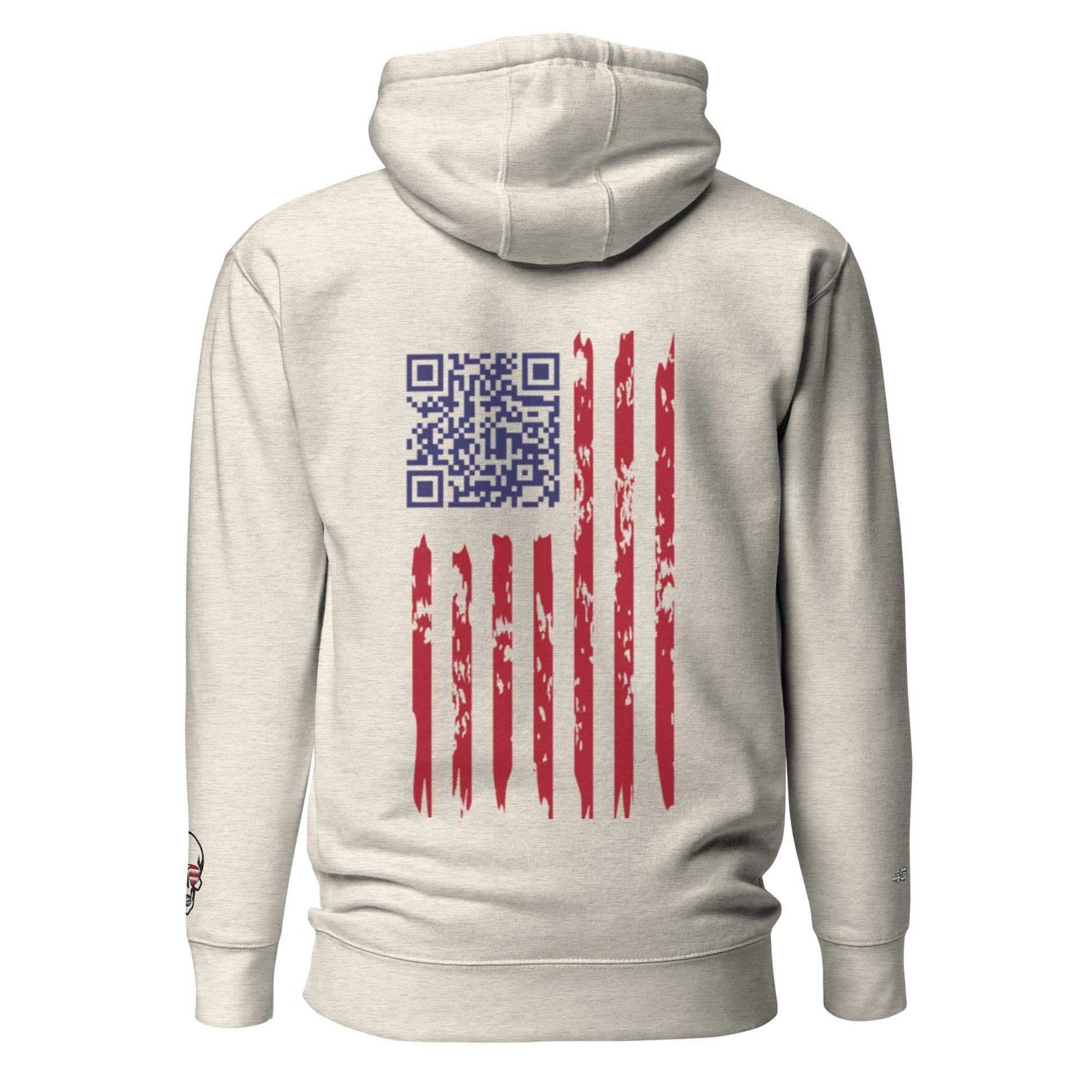 Back view of white unisex hoodie with blue QR code in distressed American flag design