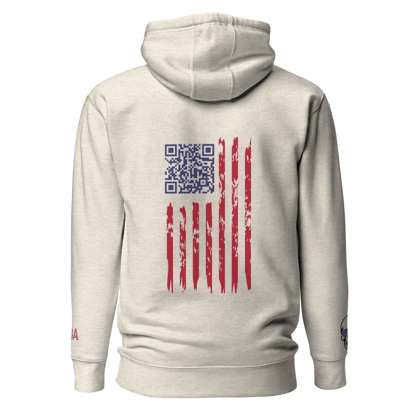 Back view of oatmeal heather hoodie showing blue QR code on distressed American flag patch, USA skull accent