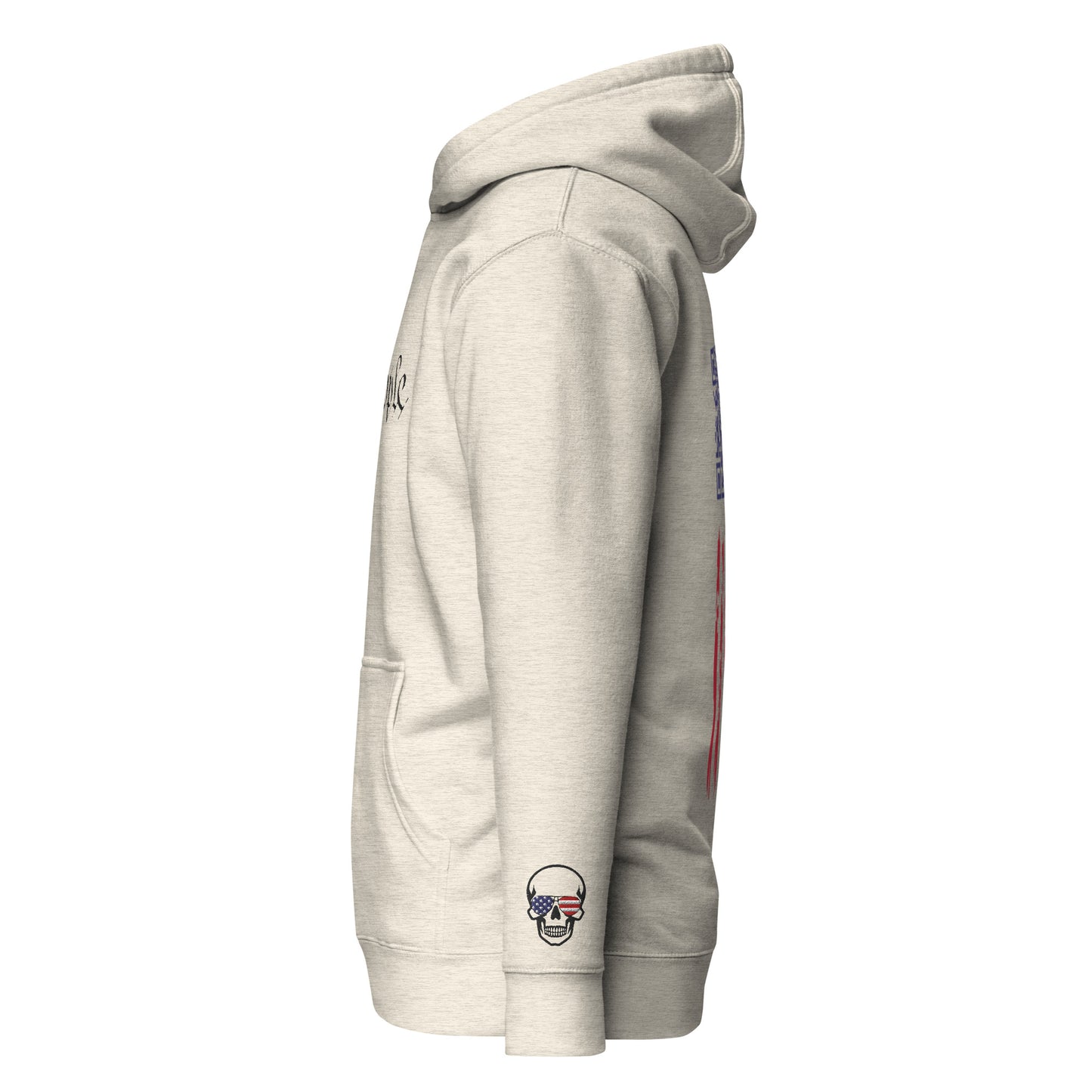 Right side view of white hoodie with skull flag patch on sleeve and side flag stripes