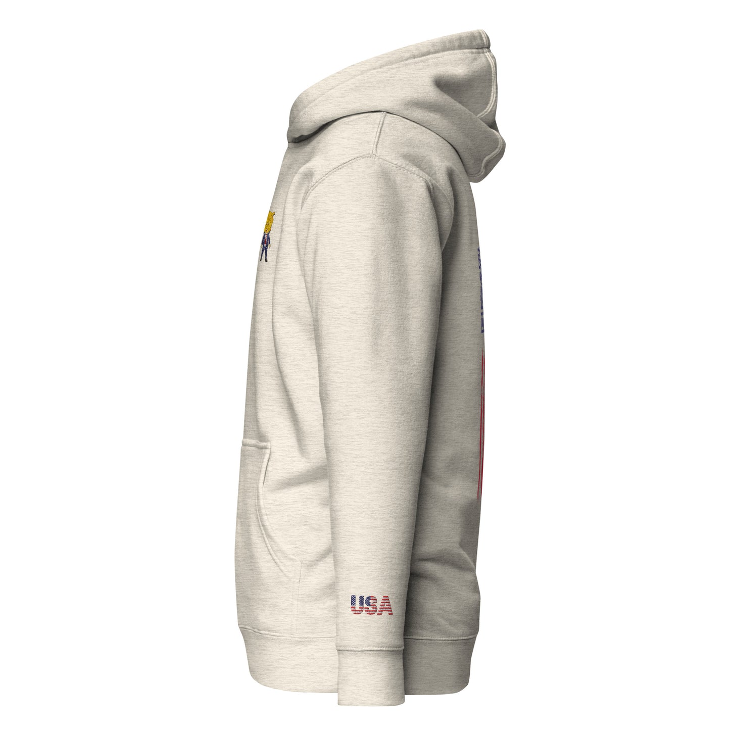 Right side view of oatmeal heather hoodie highlighting Happy Trump embroidery, USA sleeve patch