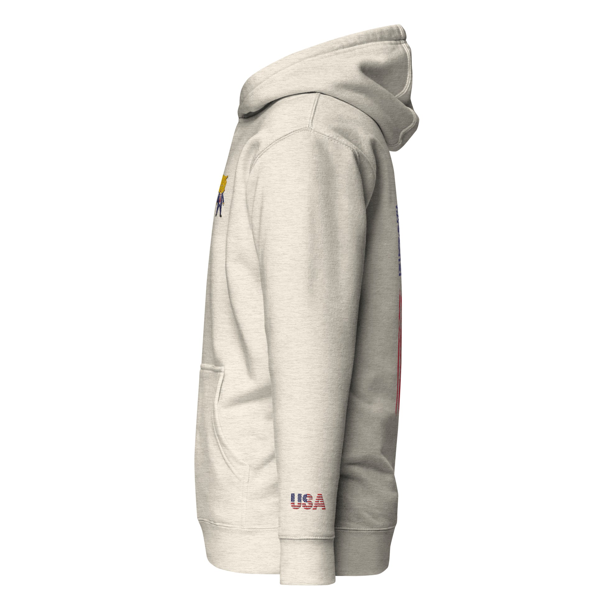 Right side view of oatmeal heather hoodie highlighting Happy Trump embroidery, USA sleeve patch