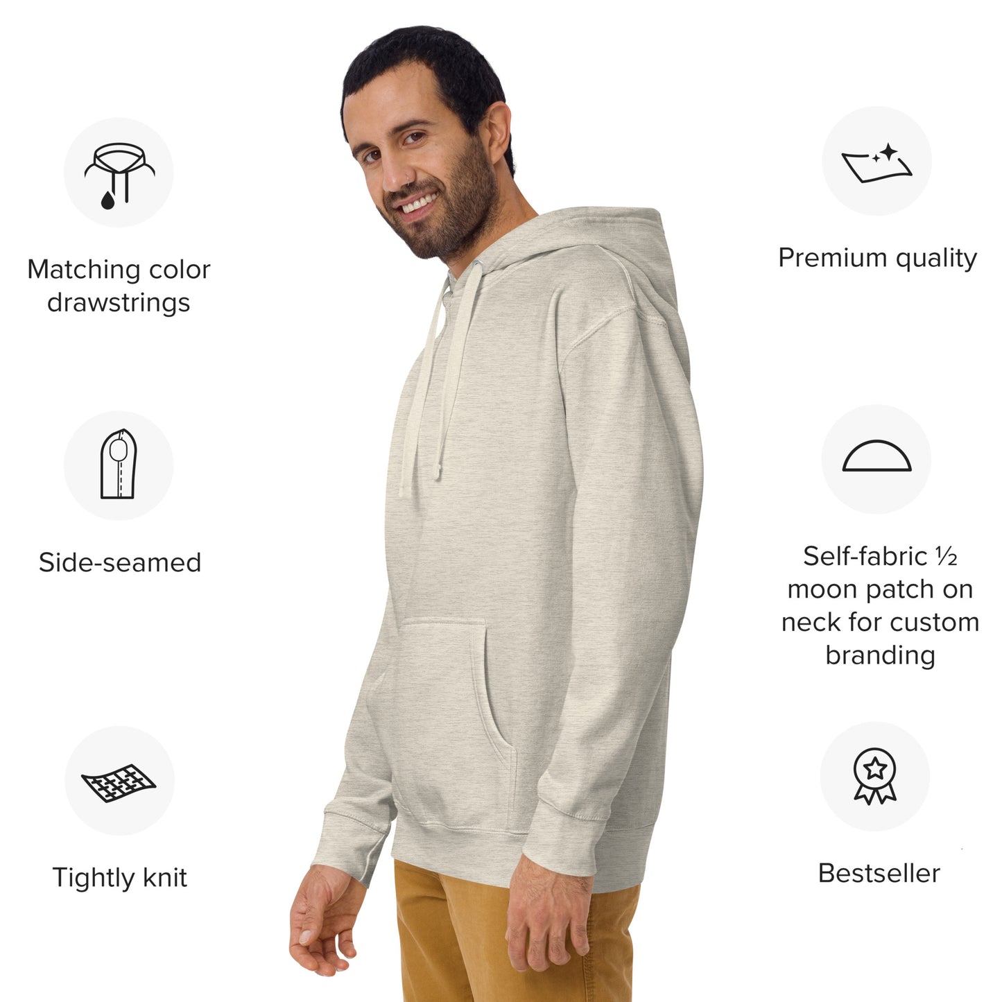 Side front view of Oatmeal Heather Happy Trump Embroidered Hoodie on smiling bearded model