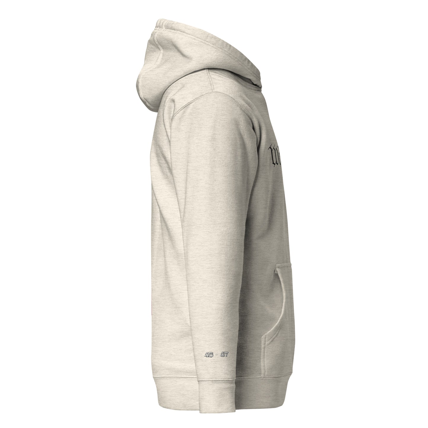 Left side view of white hoodie showing partial "We" embroidery, pouch pocket, sleeve tag
