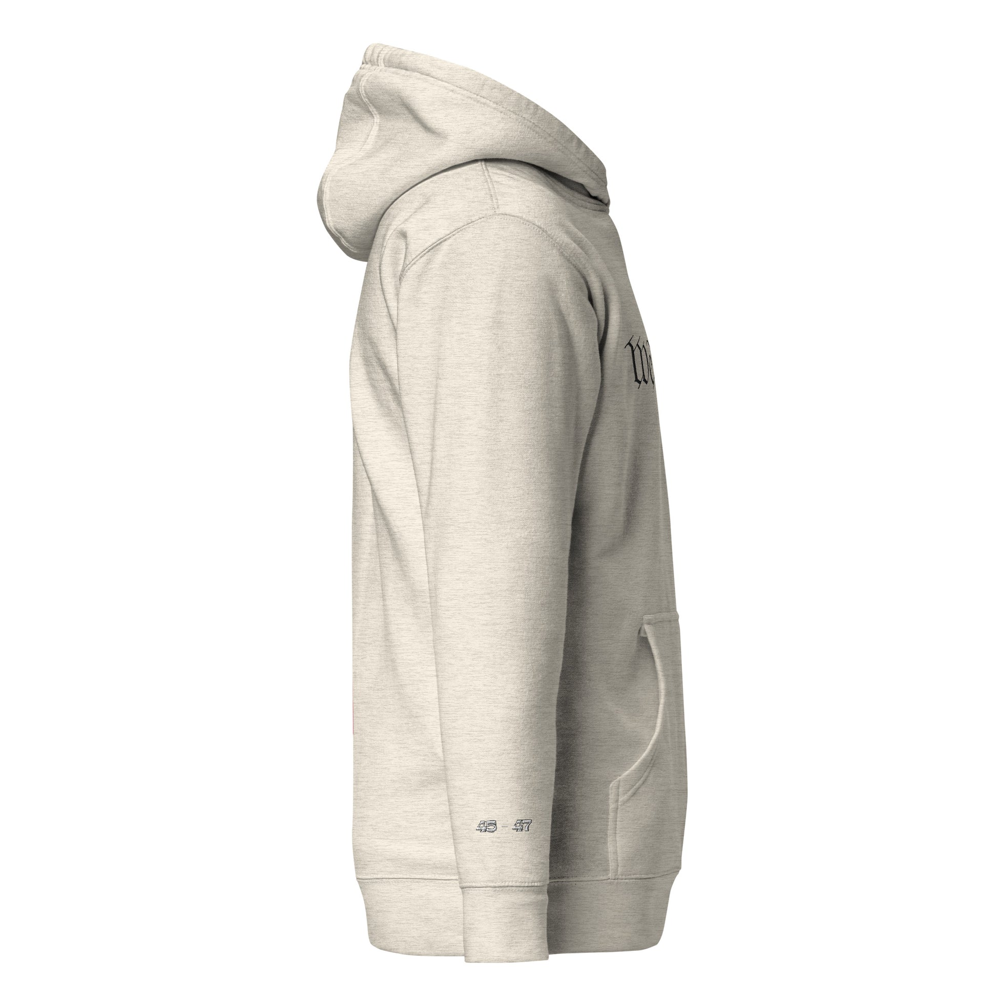 Left side view of white hoodie showing partial "We" embroidery, pouch pocket, sleeve tag