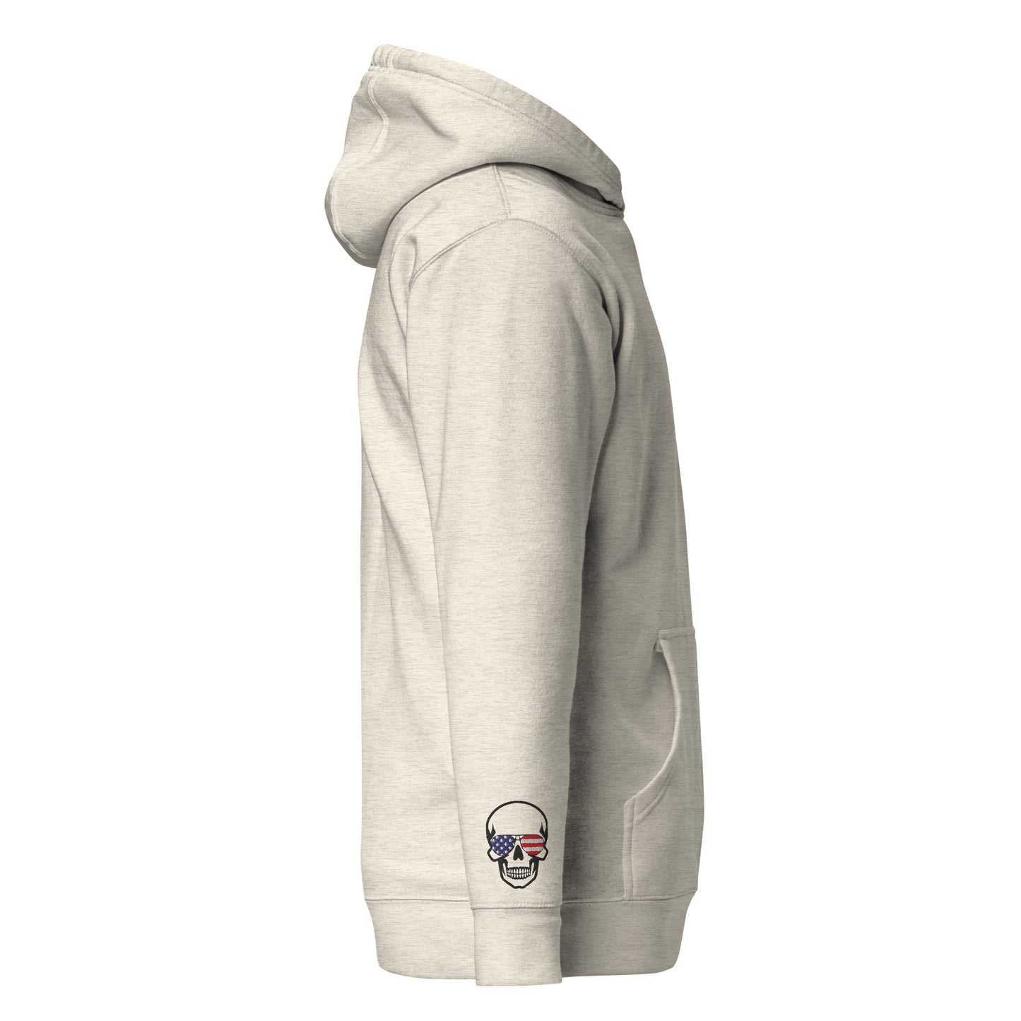 Left side view of oatmeal heather hoodie with pouch pocket, skull US flag sleeve embroidery