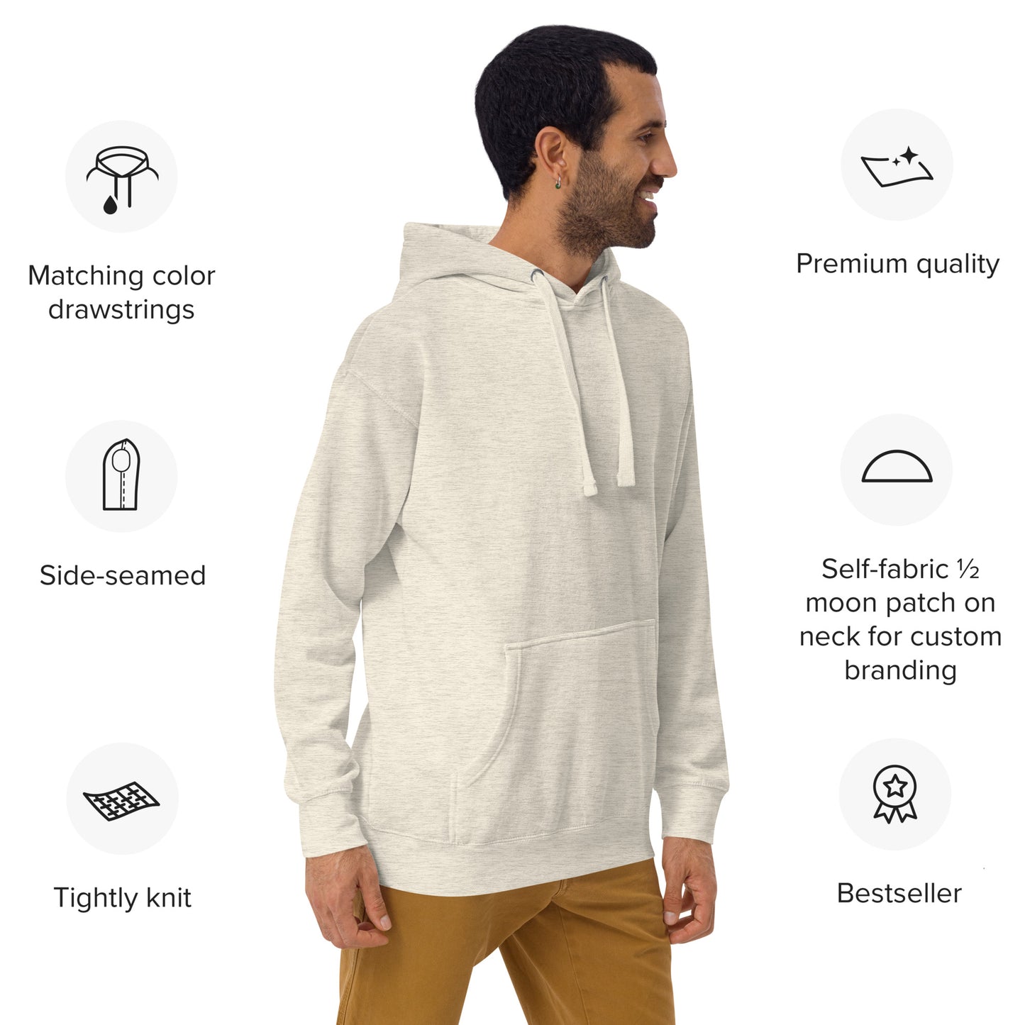 Side rear view of Oatmeal Heather Happy Trump Embroidered Hoodie on bearded model, style icons