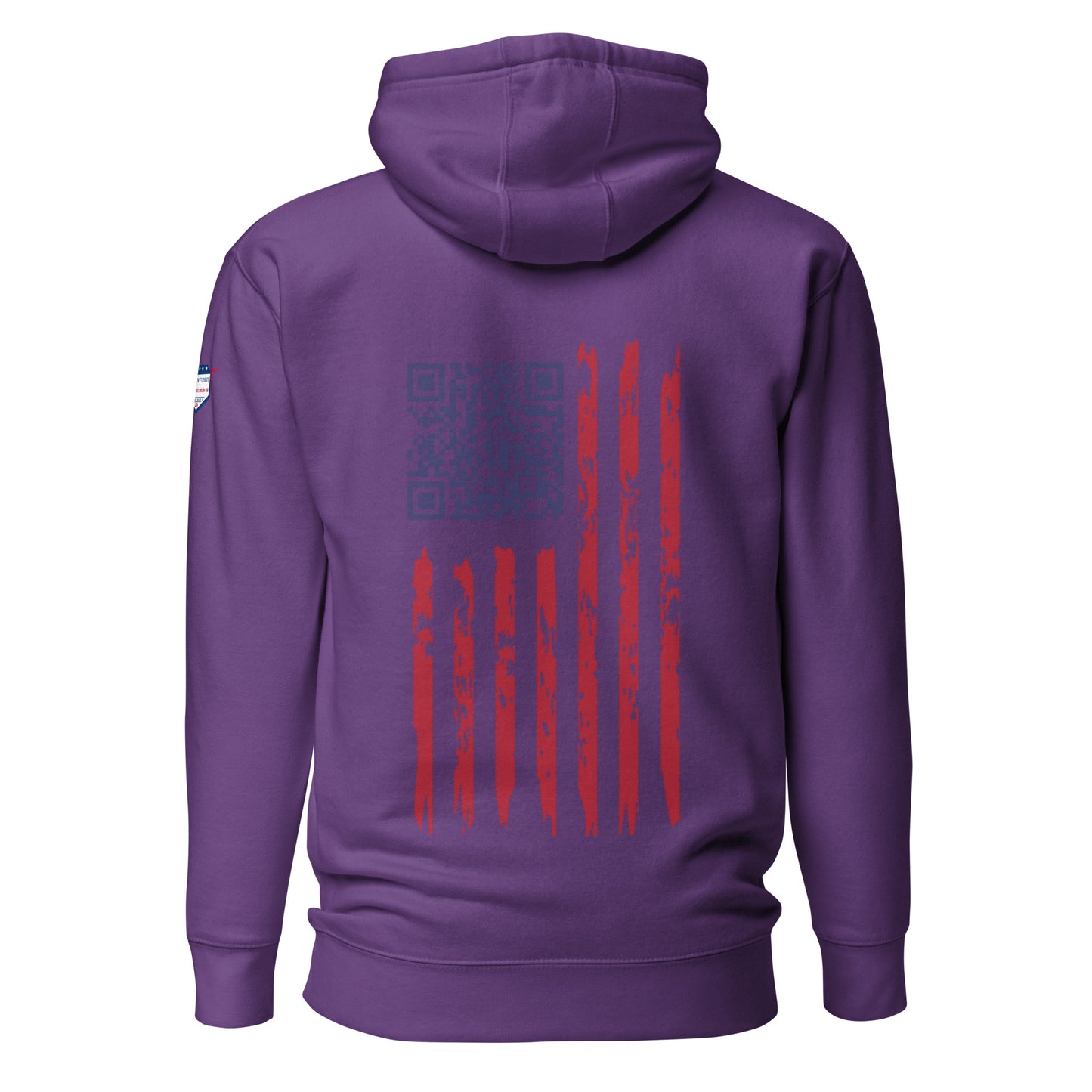Back view of purple Trump Christmas hoodie featuring dance QR code and grunge American flag elements