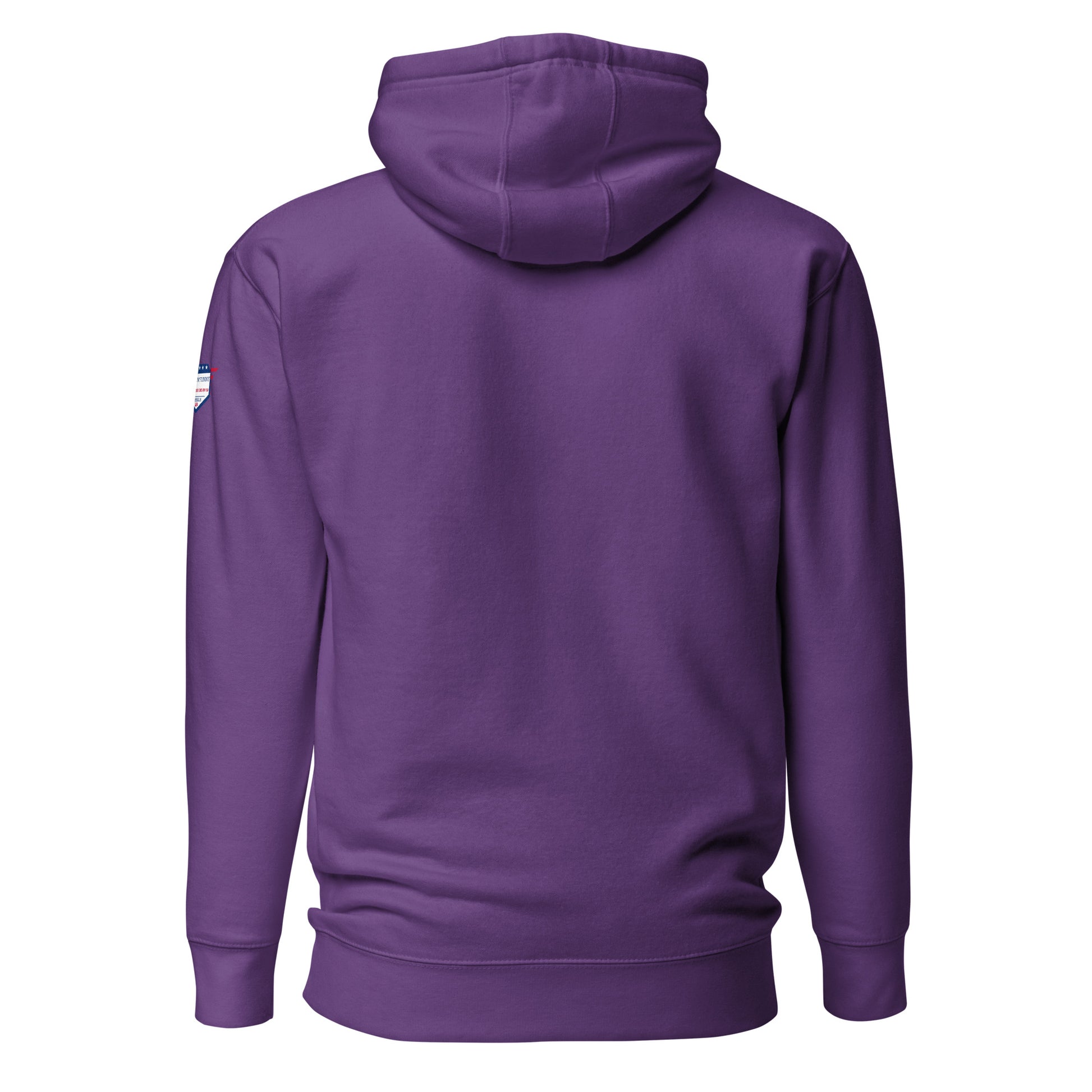Back view of purple unisex hoodie with white USA flag patch on shoulder, clean self-fabric style