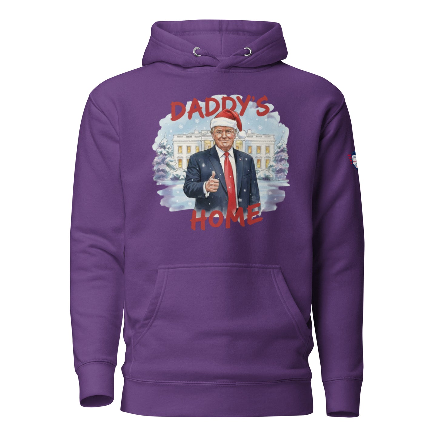 Front view of purple Trump Christmas hoodie: red "Daddy’s Home" and Santa-clad Trump at White House