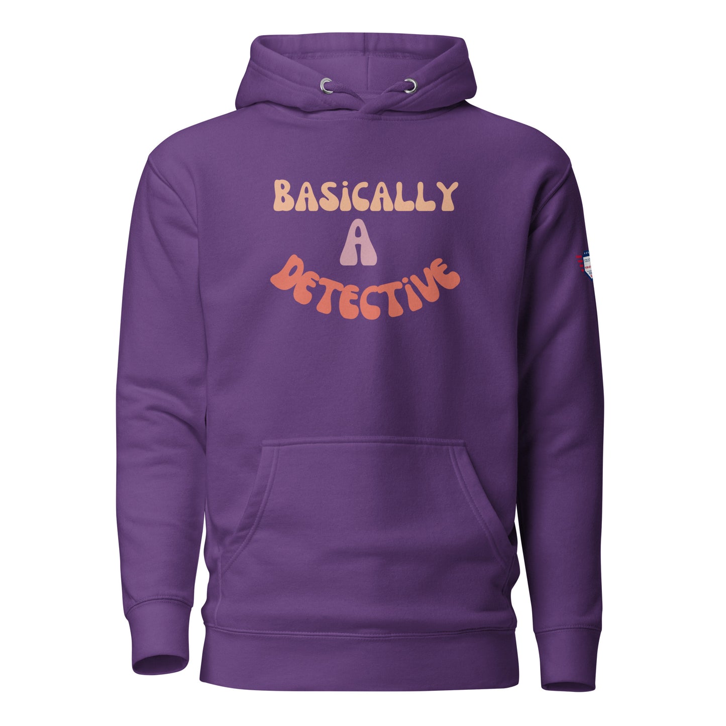 Front view of purple unisex hoodie with "BASICALLY A DETECTIVE" in groovy yellow-orange letters and pouch pocket