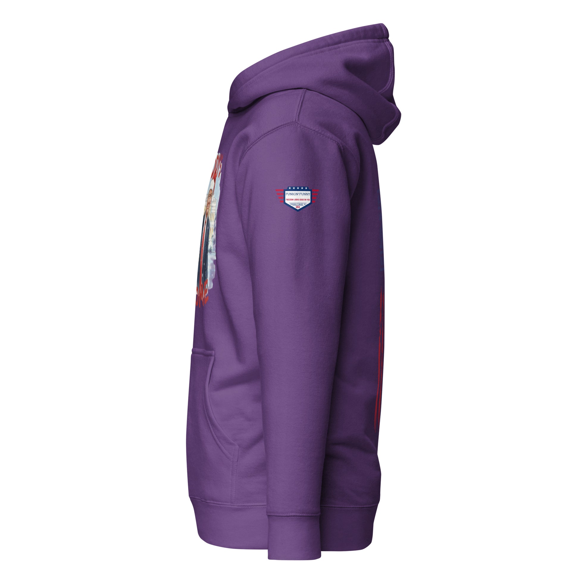 Left side view of purple hoodie with Trump Santa design detail and stars-and-stripes sleeve patch