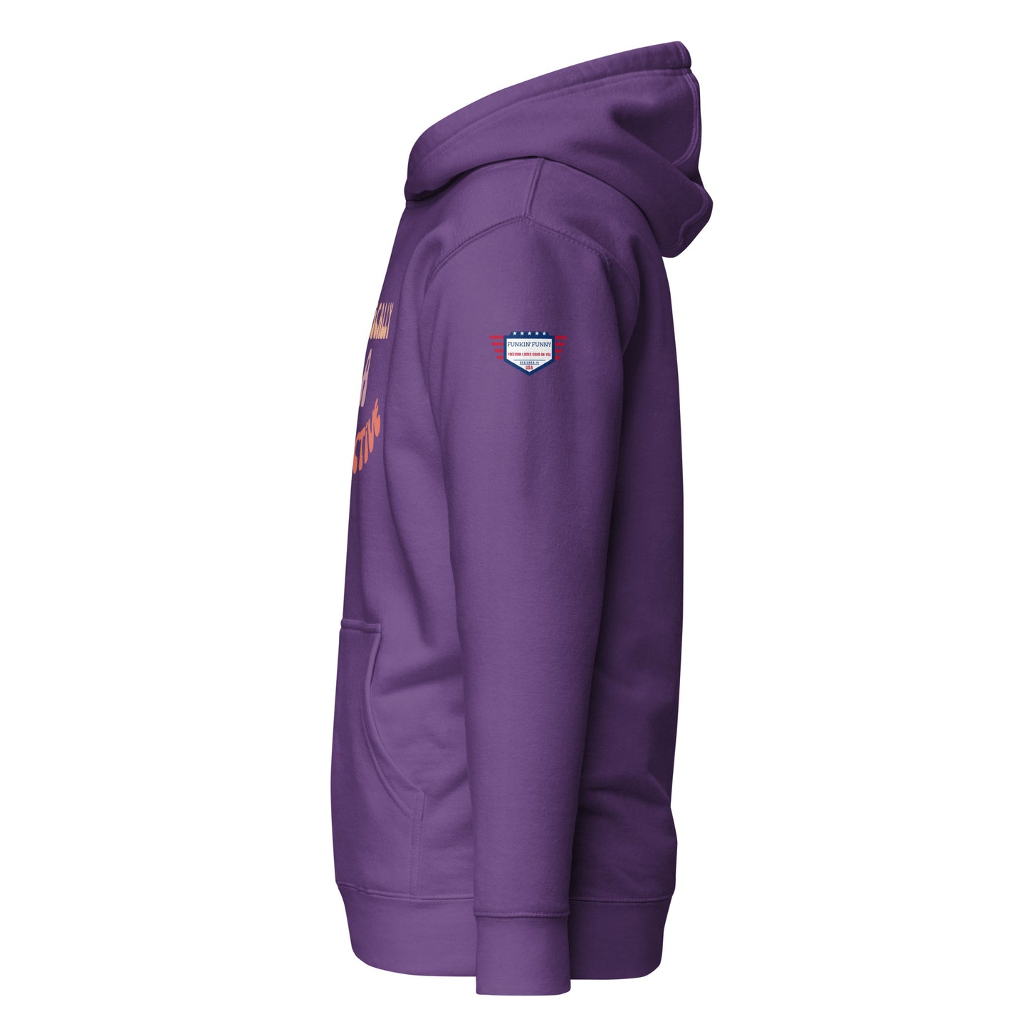 Right side view of purple hoodie showing partial "Detective" text, kangaroo pocket, and white USA flag patch on sleeve