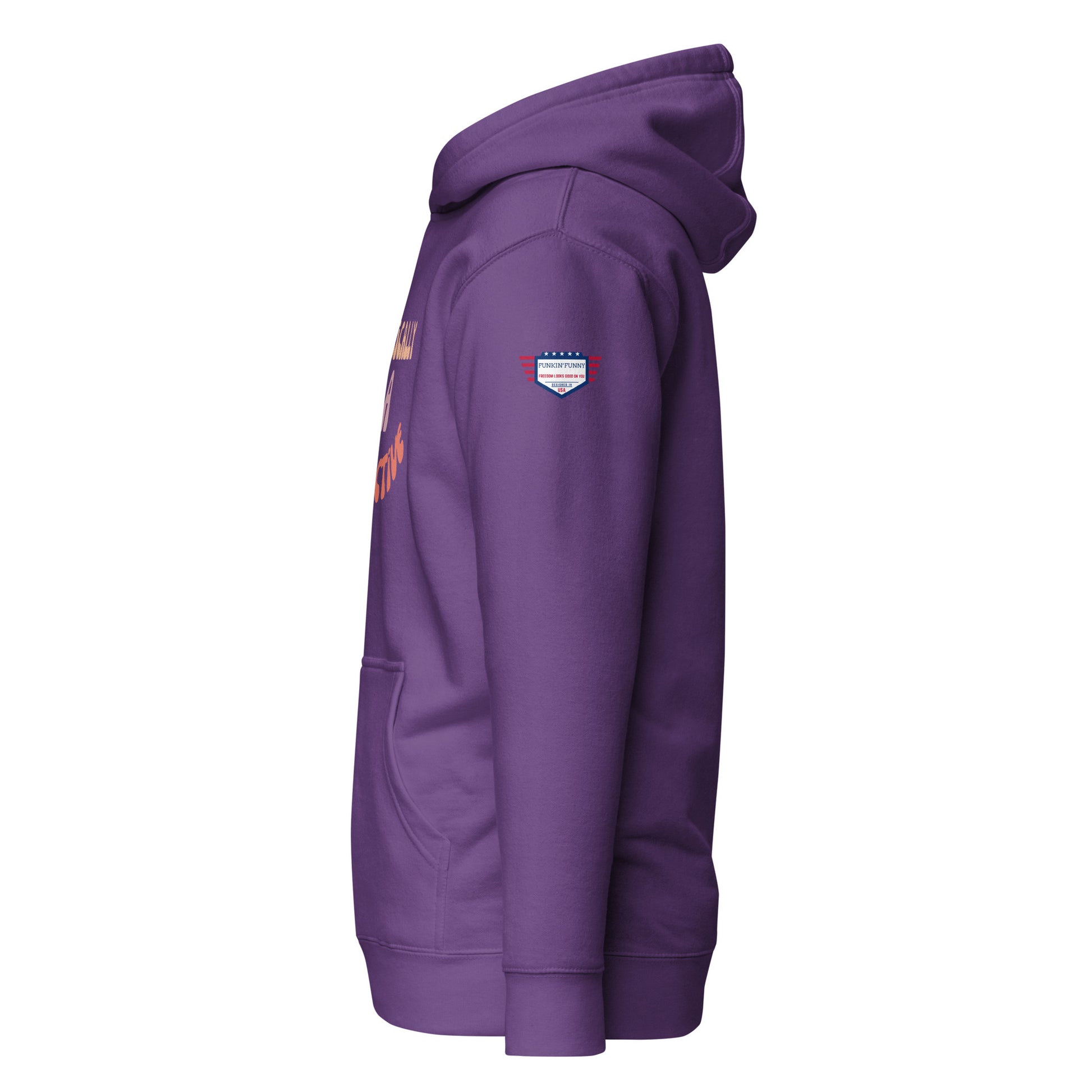 Right side view of purple hoodie showing partial "Detective" text, kangaroo pocket, and white USA flag patch on sleeve