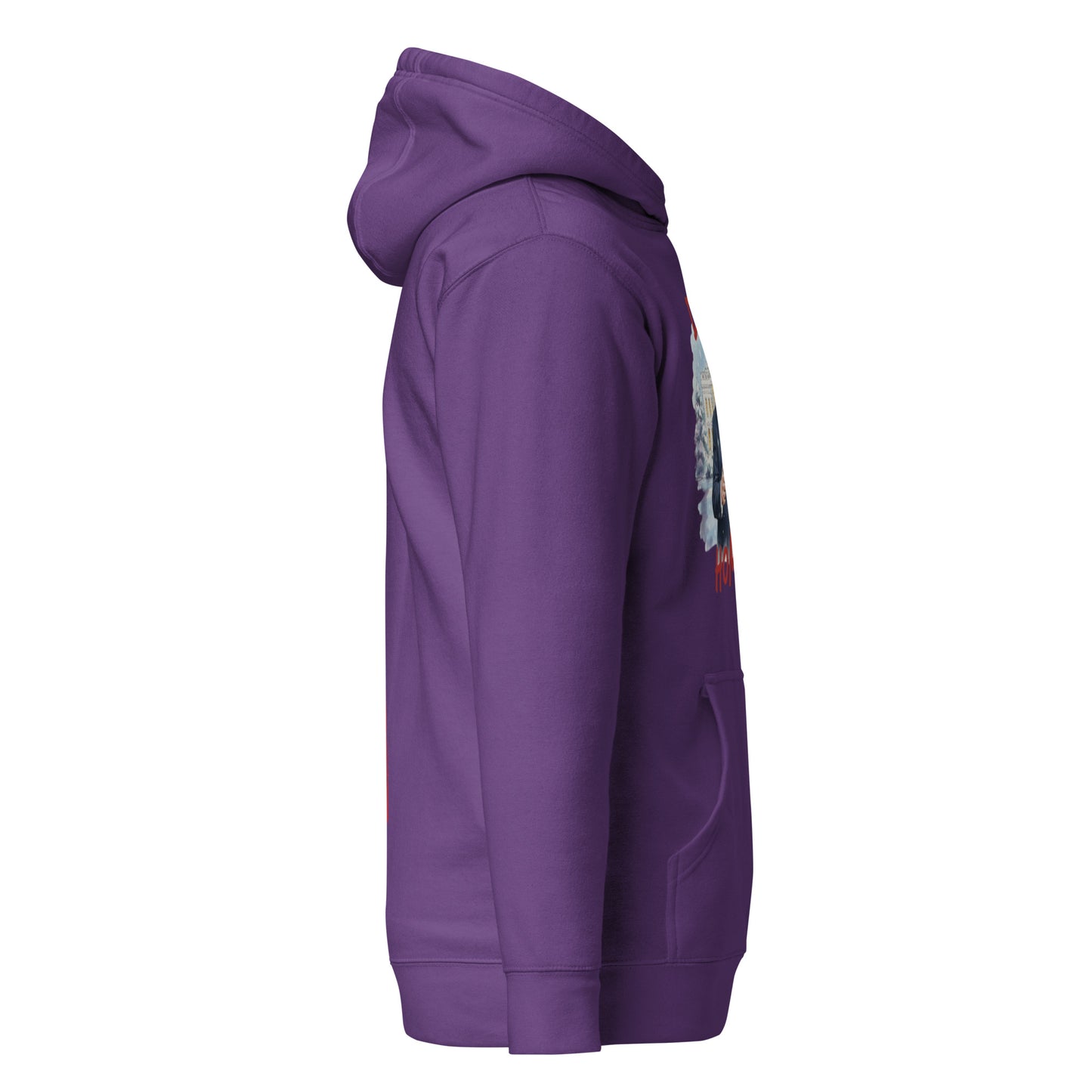 Left side view of purple Daddy’s Home hoodie with pouch pocket and hint of Trump Santa artwork