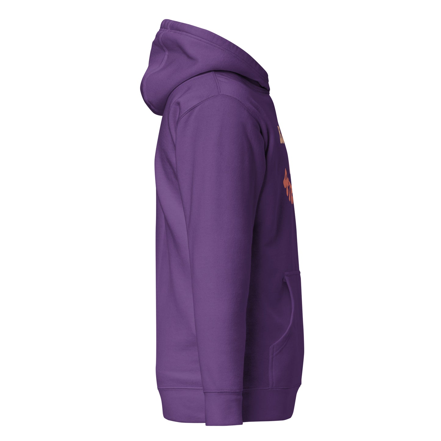 Left side view of purple hoodie with edge of "Detective" text visible and roomy hood