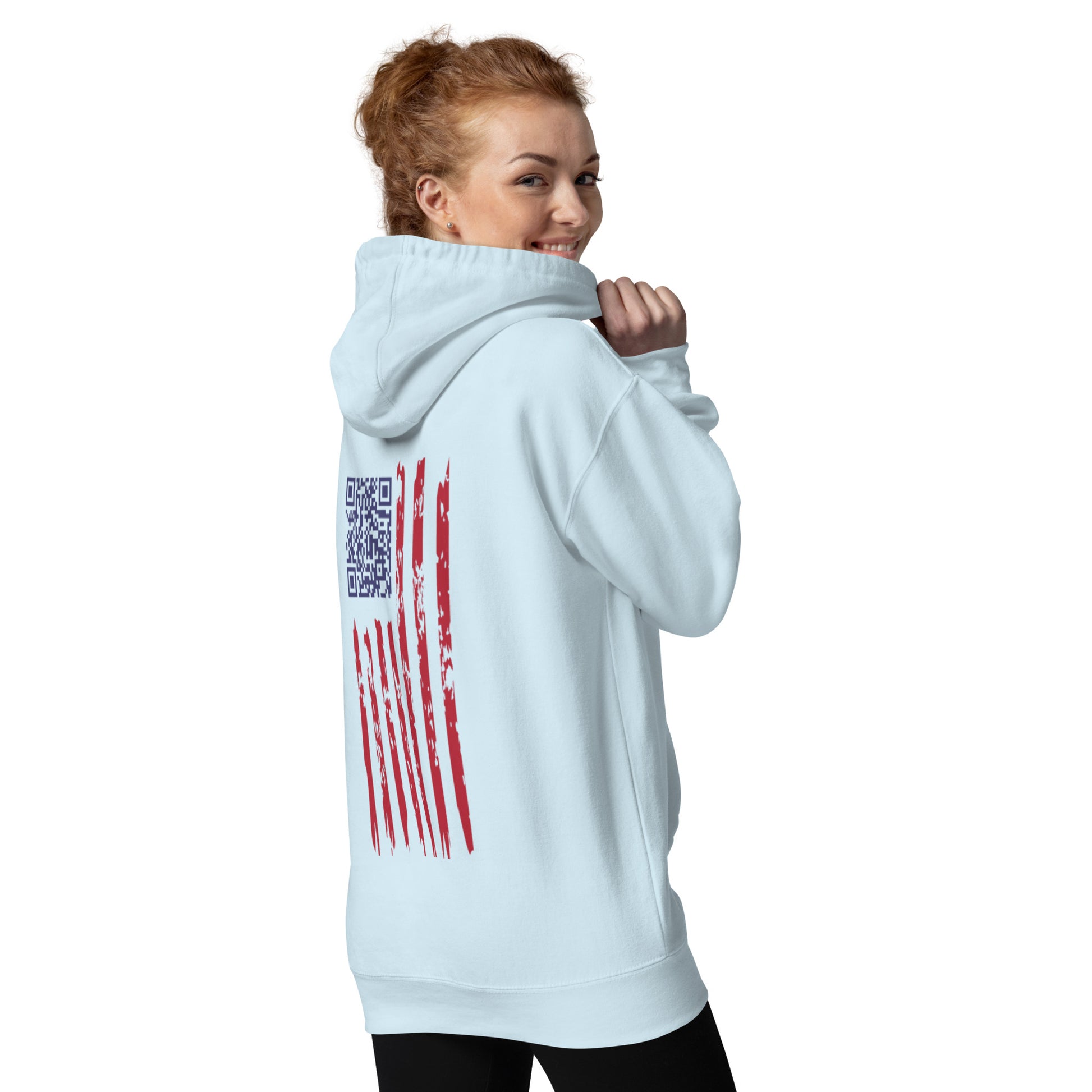 Back view of sky blue hoodie on male model, annotated with QR spotlight, premium knit, flag & self-fabric patch tags