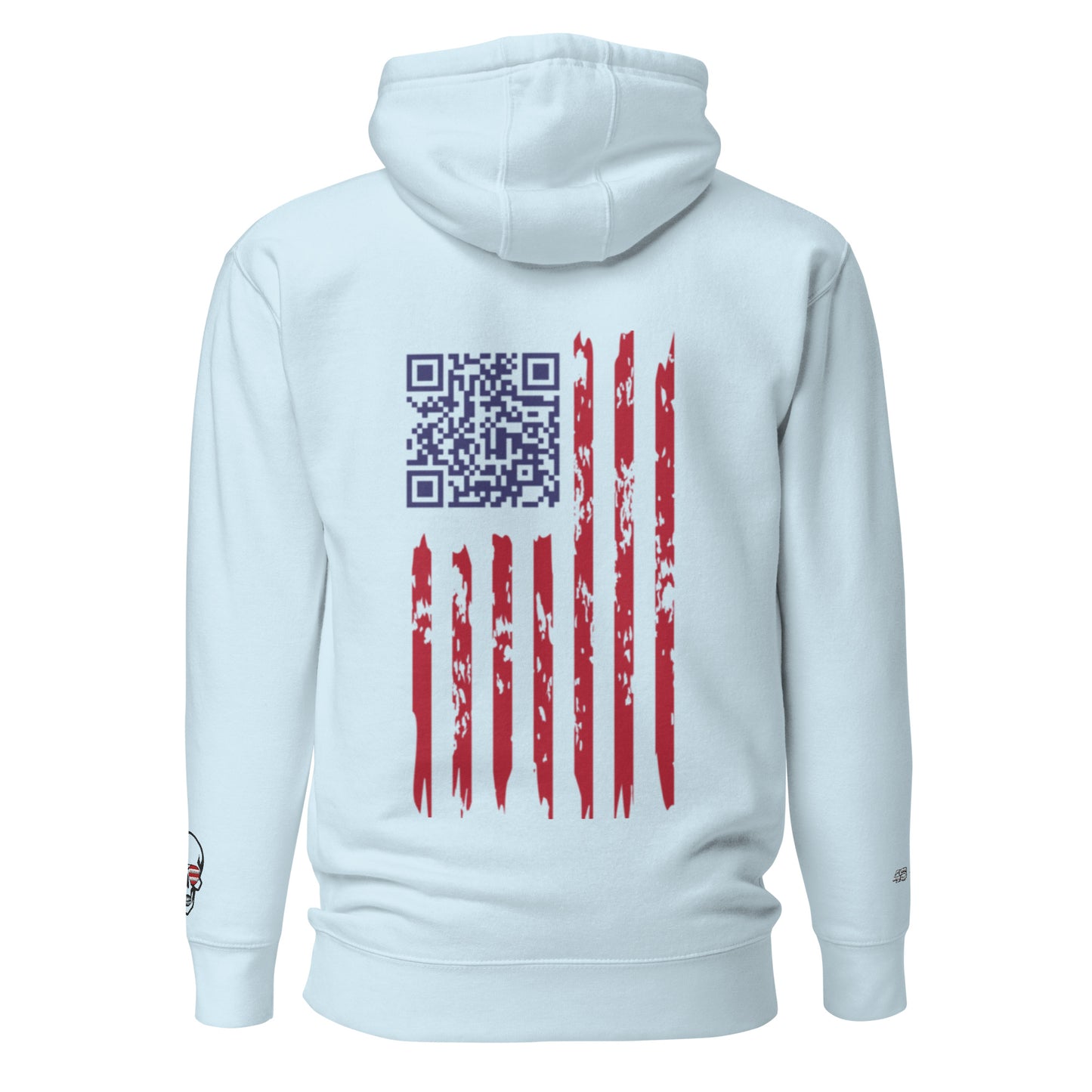 Back of sky blue unisex hoodie with easter-egg QR code in embroidered flag, distressed stripes, skull patch