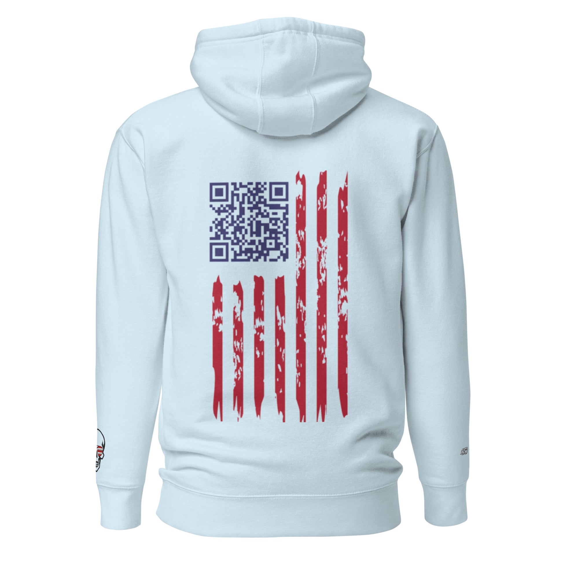 Back of sky blue unisex hoodie with easter-egg QR code in embroidered flag, distressed stripes, skull patch