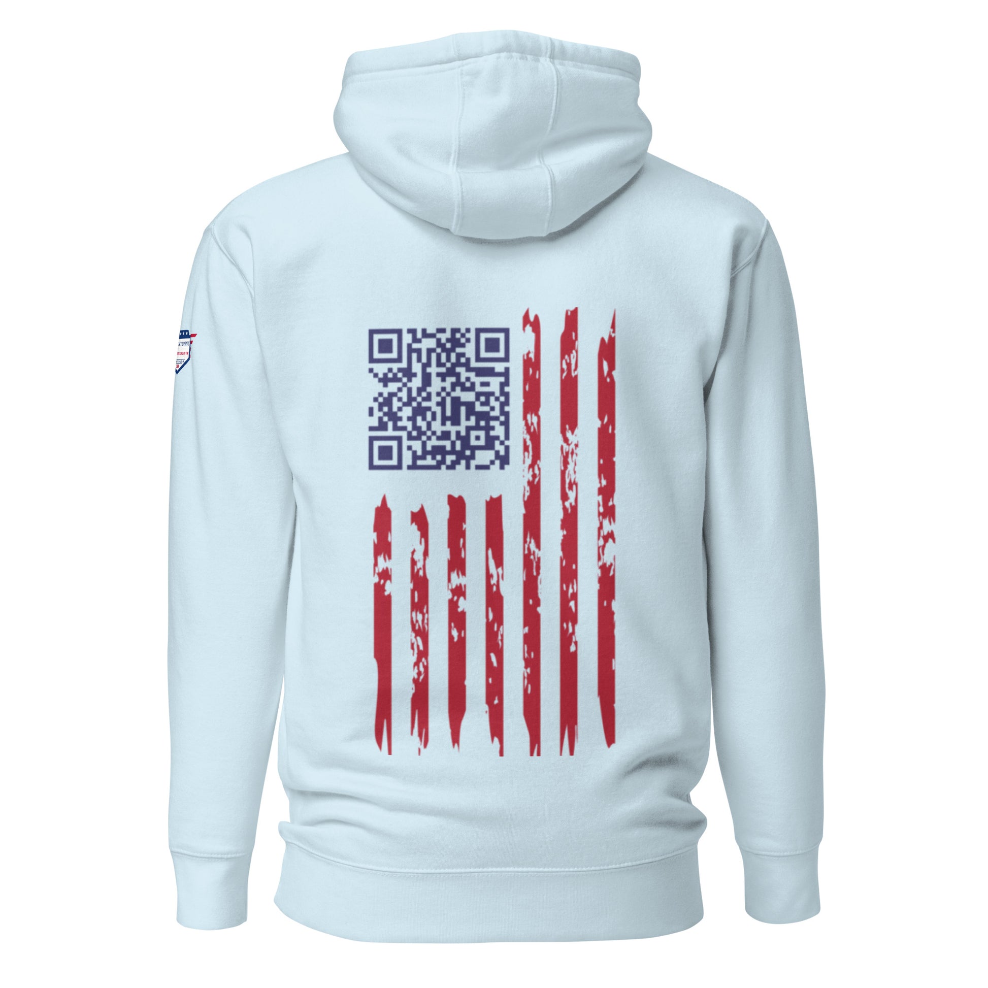 Back view of sky blue Trump Christmas hoodie with navy QR code over distressed red-and-white flag stripes