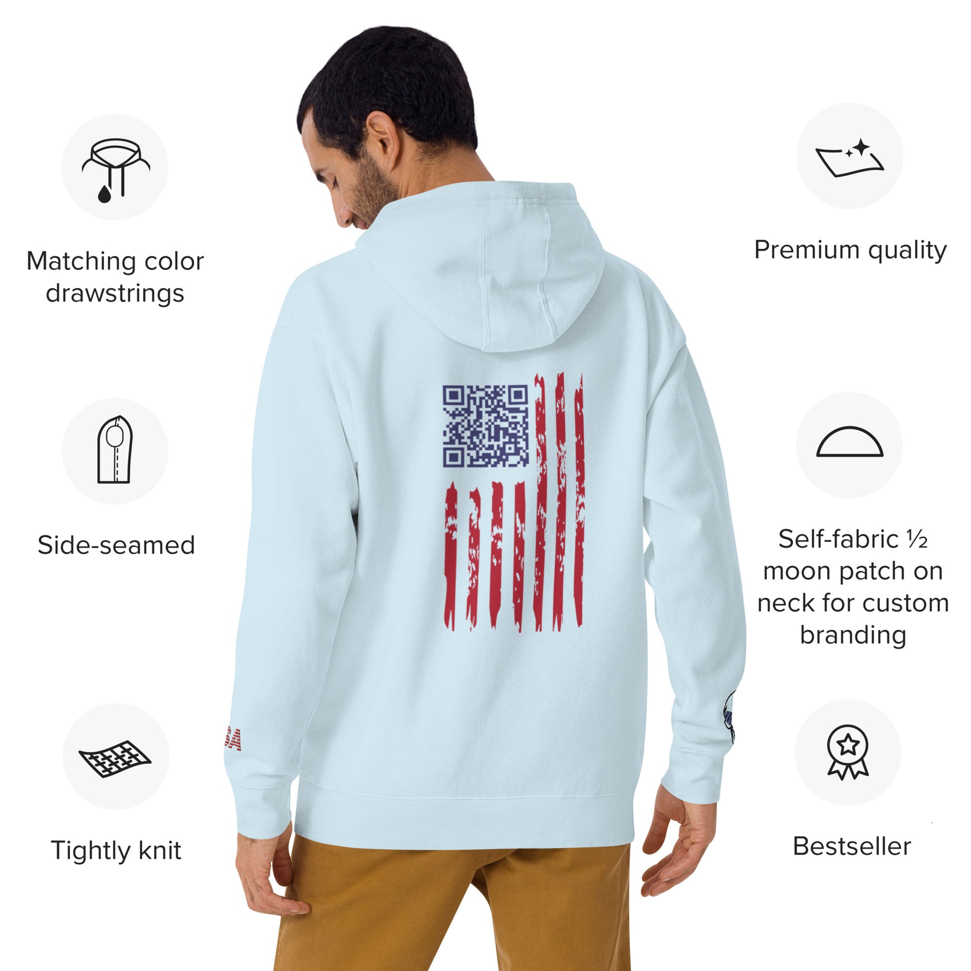 Back view of sky blue Happy Trump Hoodie on model, QR code for Trump dance atop rugged American flag embroidery