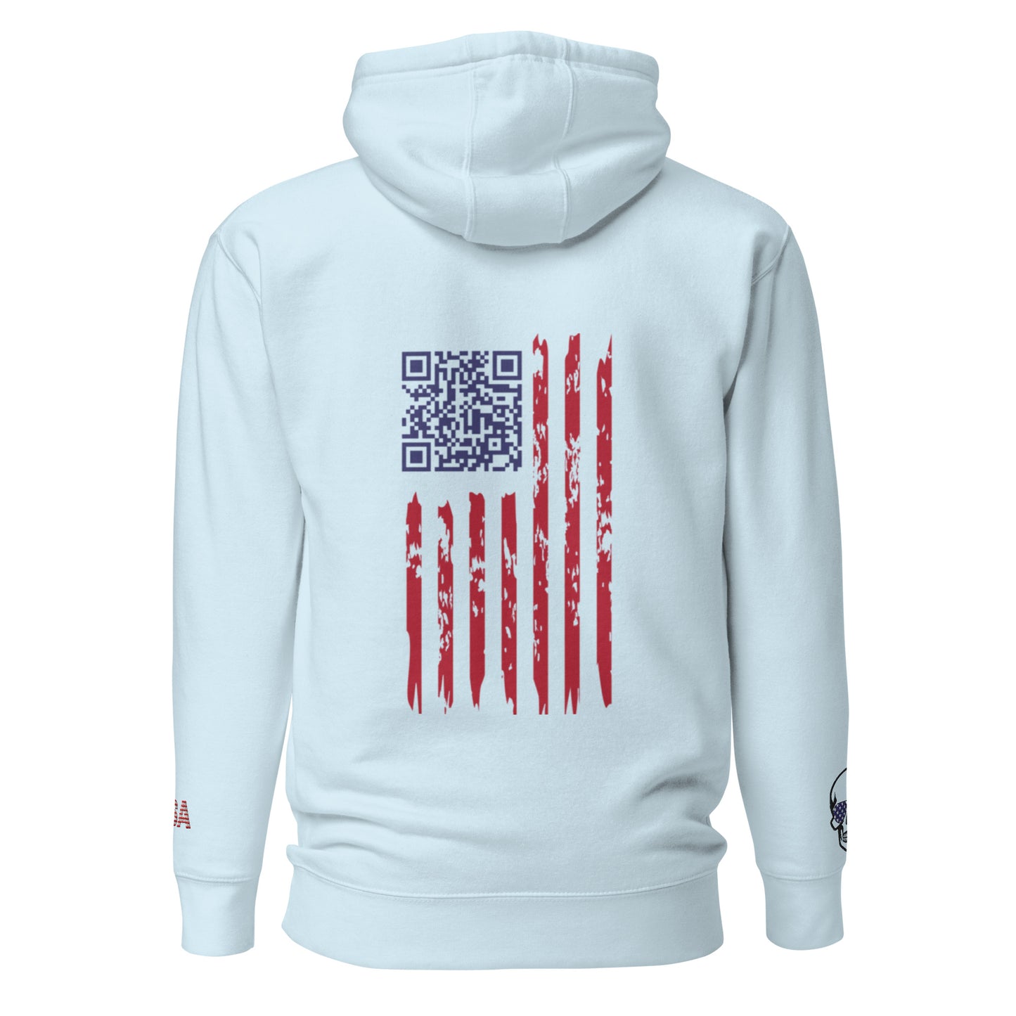 Back view of sky blue hoodie featuring blue QR code and tattered American flag, USA skull accents