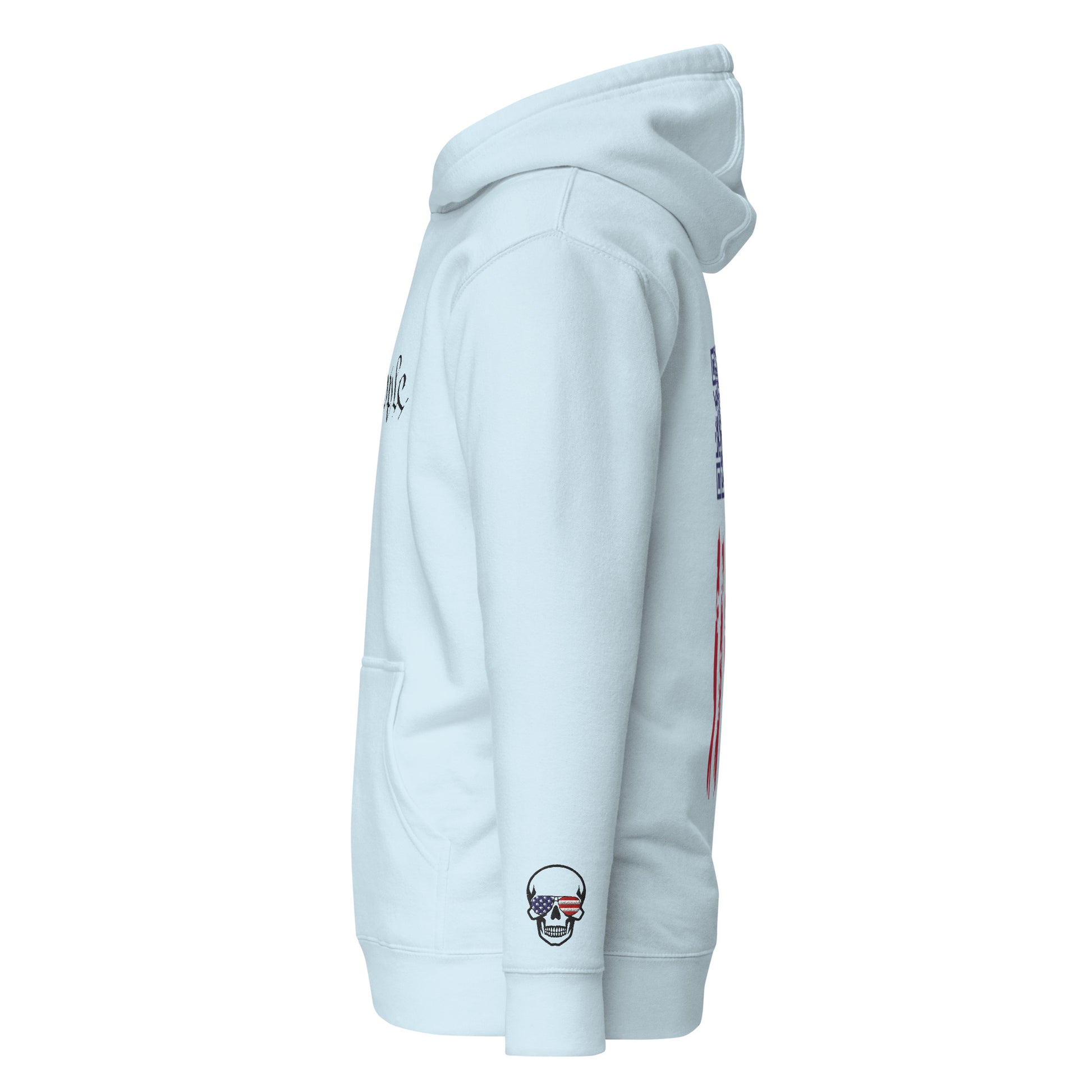 Right side view of sky blue hoodie with skull patch on sleeve, partial flag edge, relaxed unisex fit