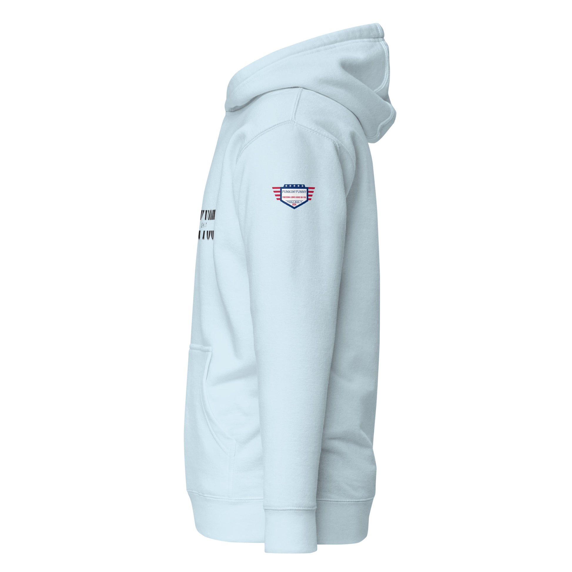 Right side view of light blue hoodie highlighting flag patch, hood, and pouch pocket edge