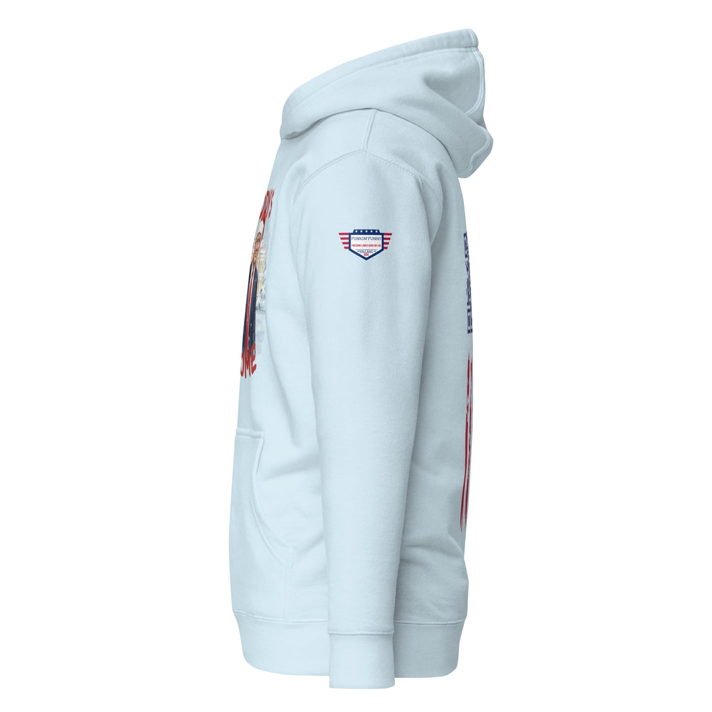 Right side view of sky blue Trump Christmas hoodie, edge of Santa Trump design and sleeve USA patch