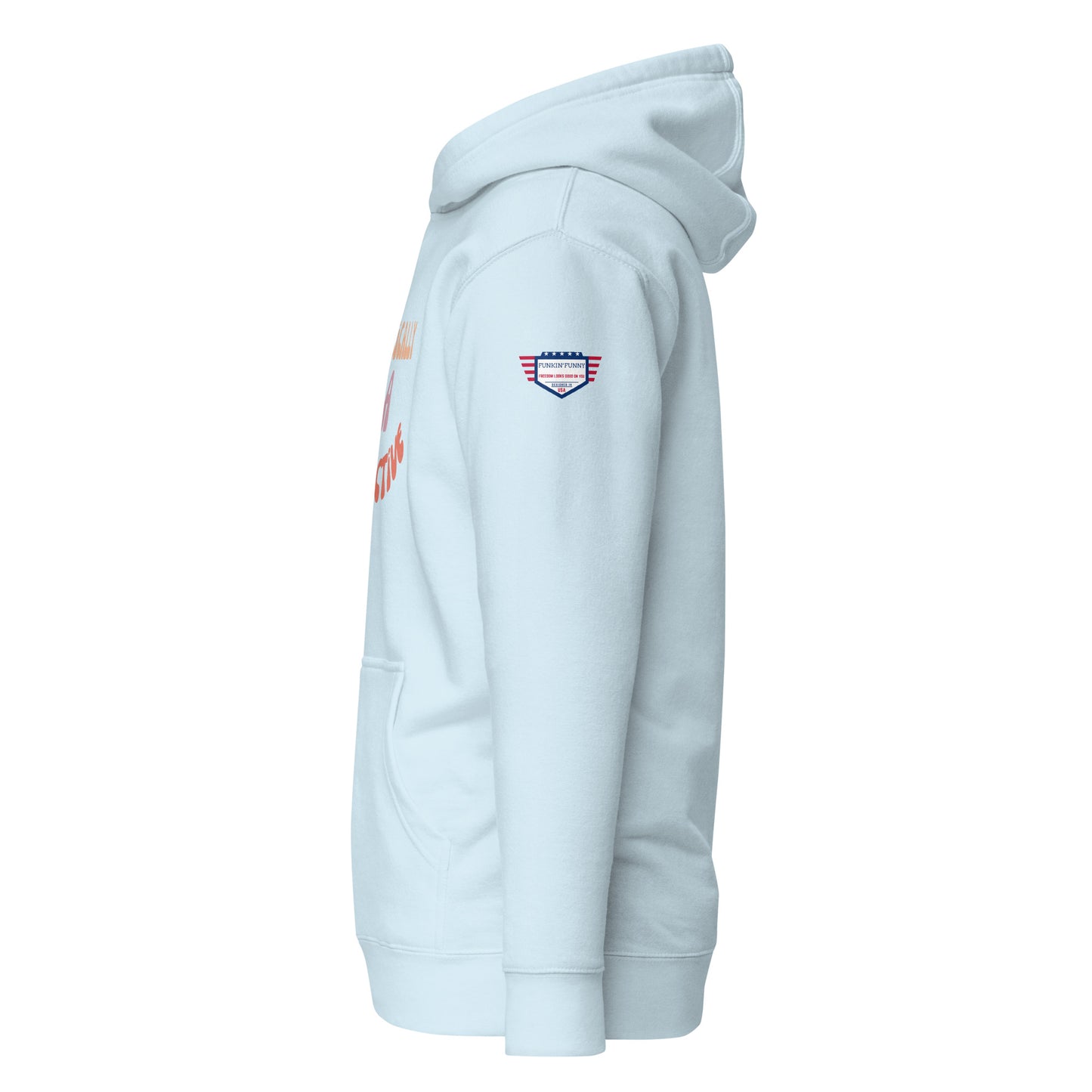Right side view of sky blue hoodie with partial text, pouch pocket, and white USA flag sleeve patch