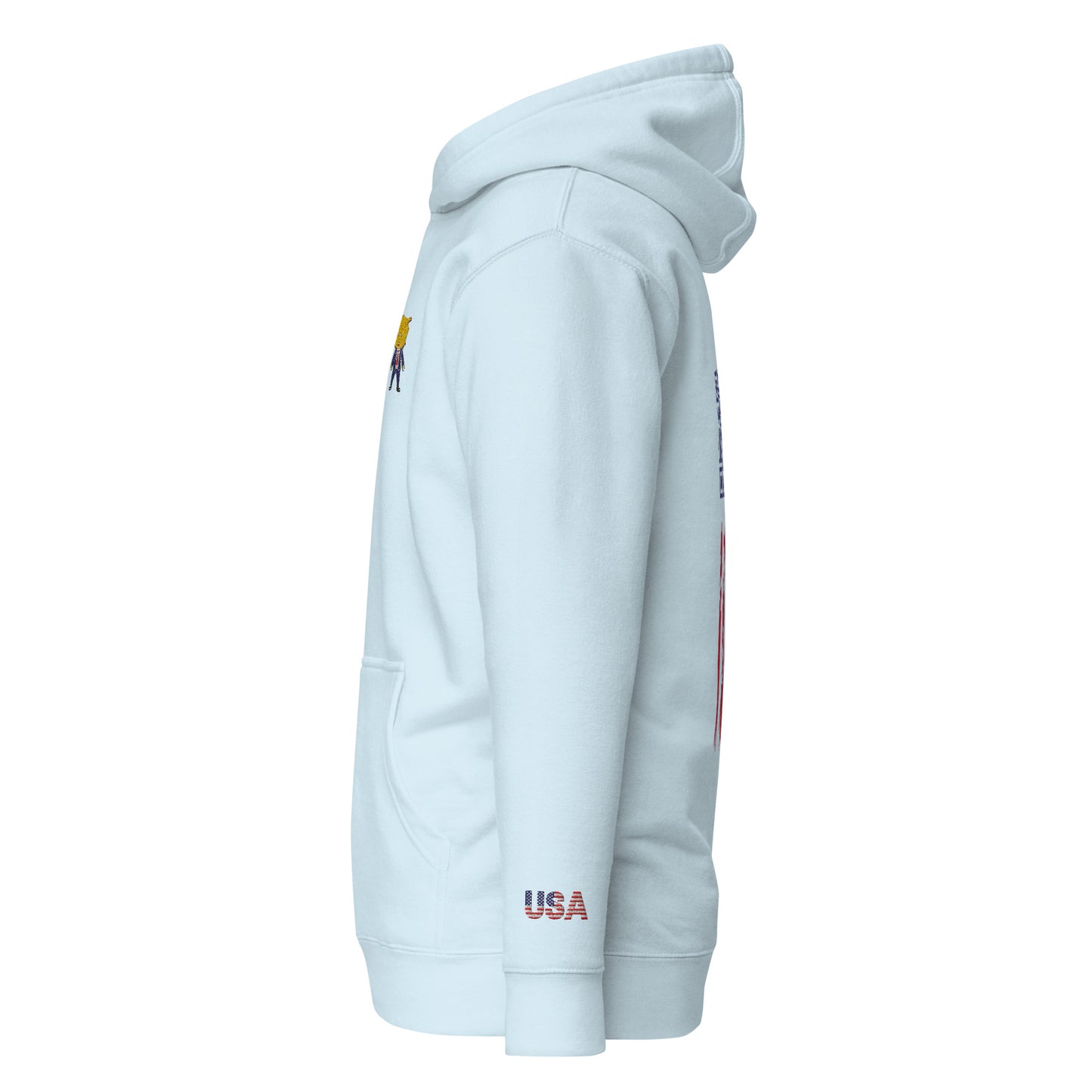 Right side view of sky blue hoodie with Happy Trump embroidery, USA flag sleeve detail