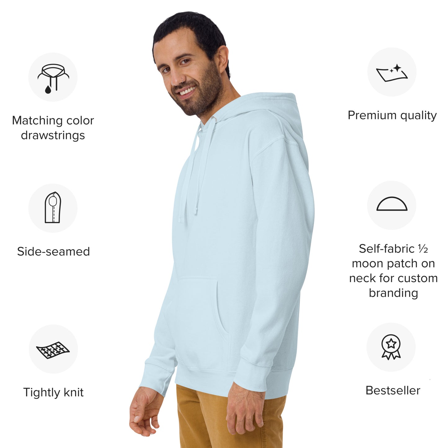 Side front view of Sky Blue Happy Trump Embroidered Hoodie on smiling bearded model, feature icons