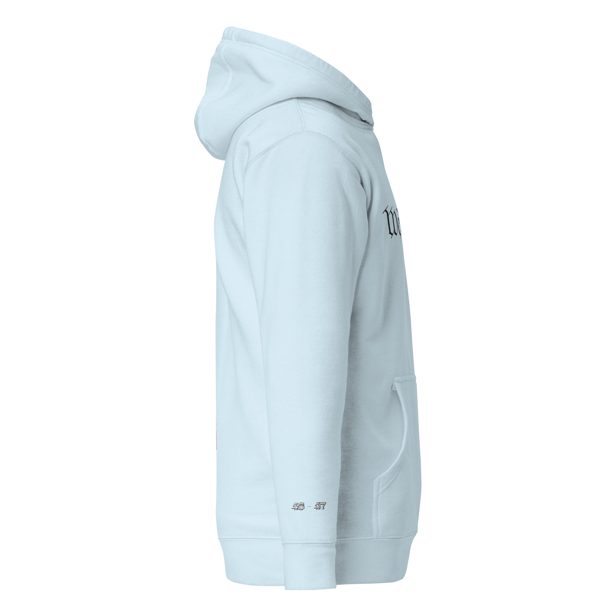 Left side of sky blue hoodie showing pouch pocket, 3-panel hood, drawstrings, and hem label details