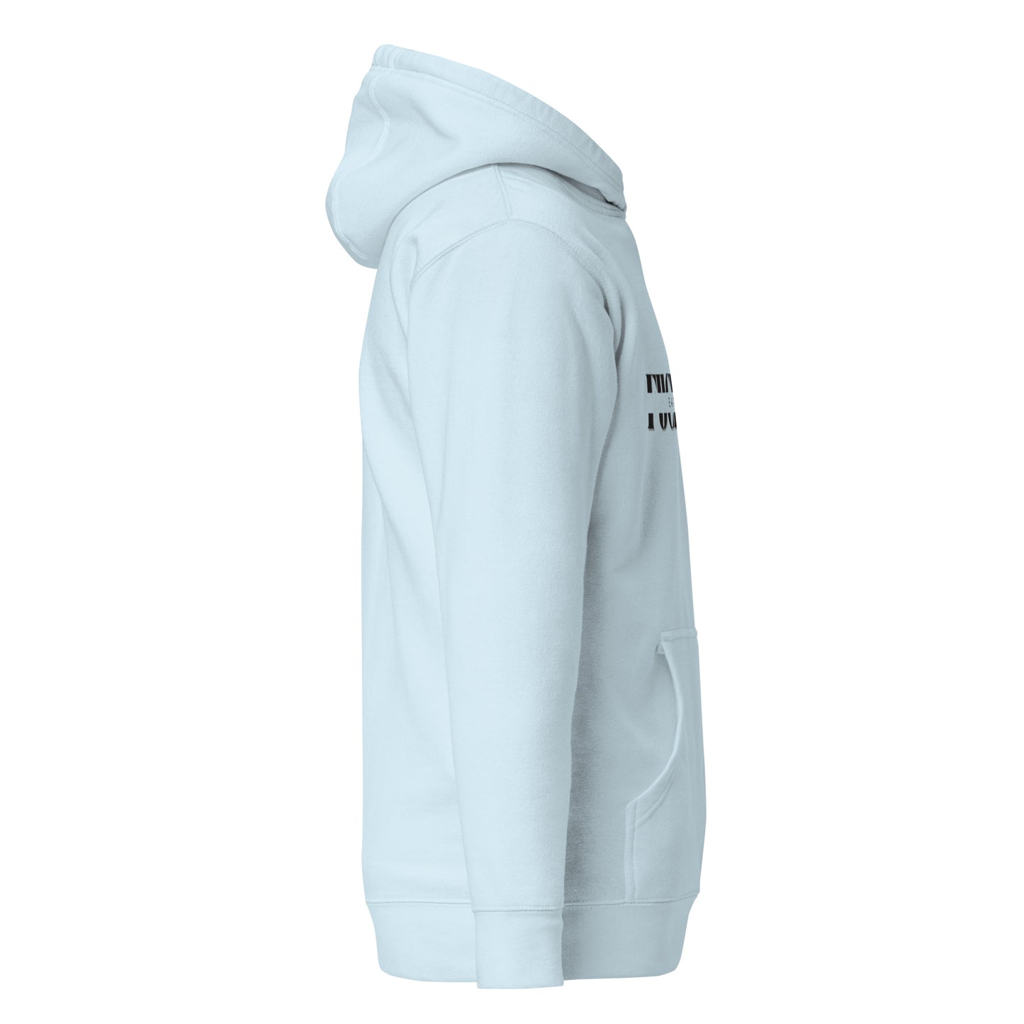 Left side view of light blue hoodie showing kangaroo pouch pocket and relaxed fit