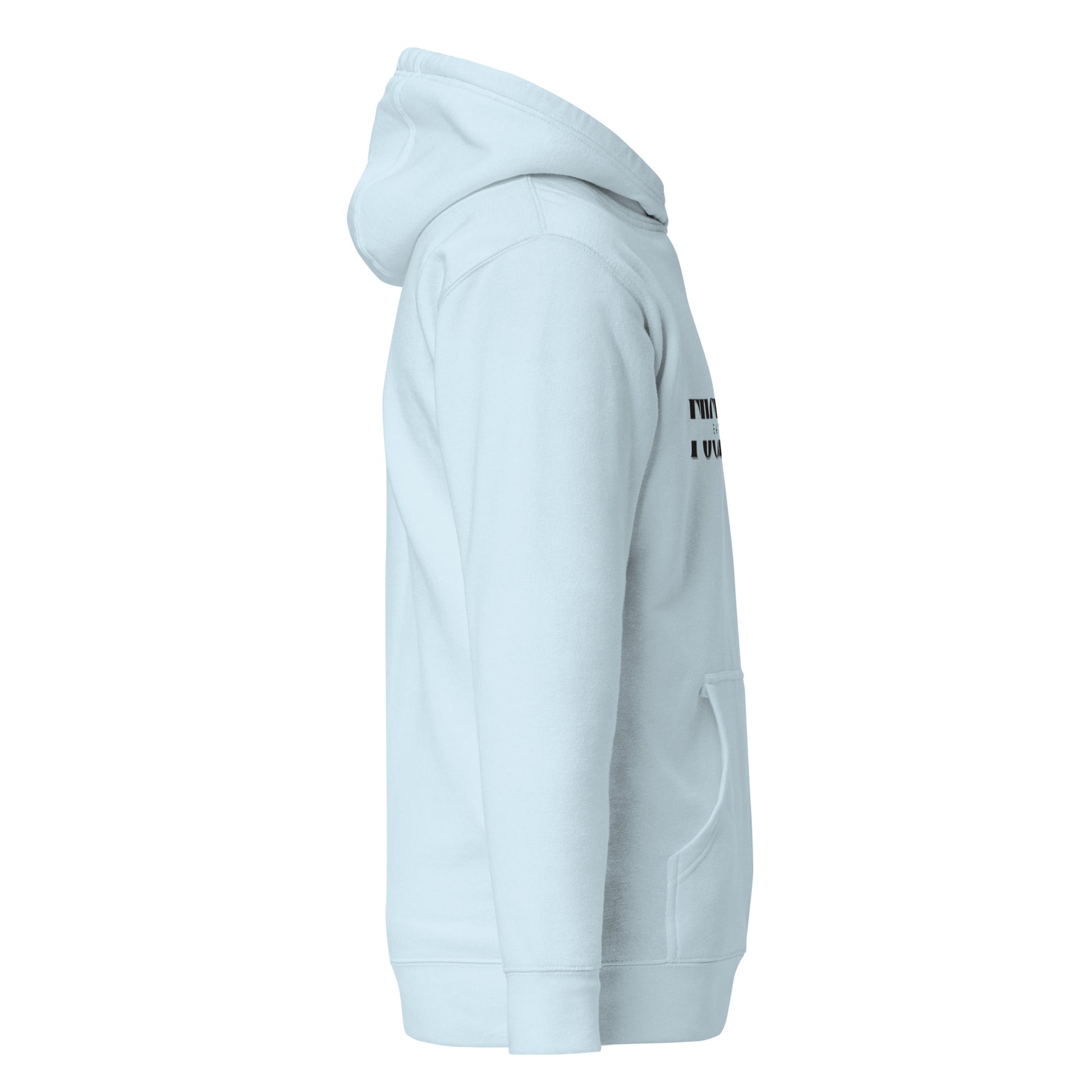 Left side view of light blue hoodie showing kangaroo pouch pocket and relaxed fit
