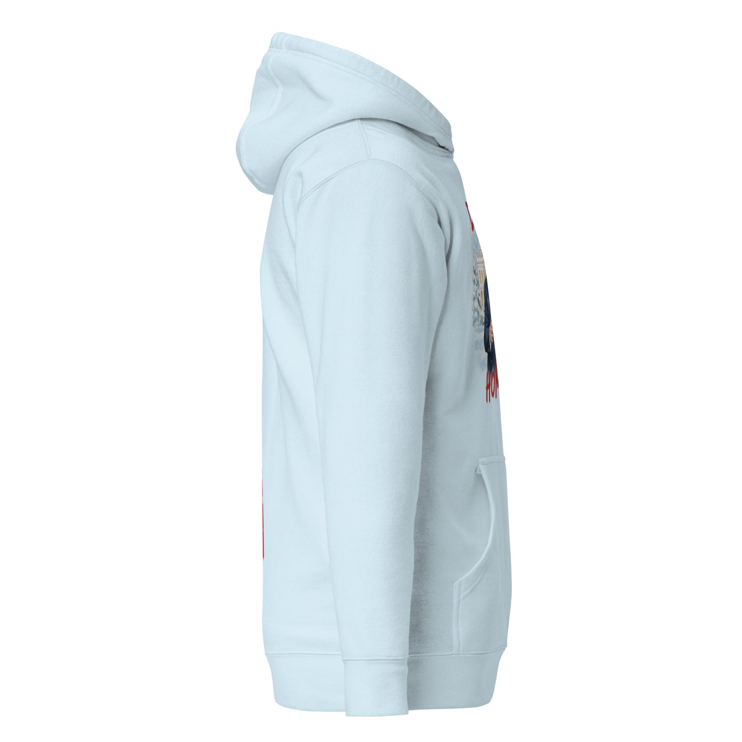 Left side view of sky blue hoodie with edge of Santa Trump print, USA patch, pouch pocket