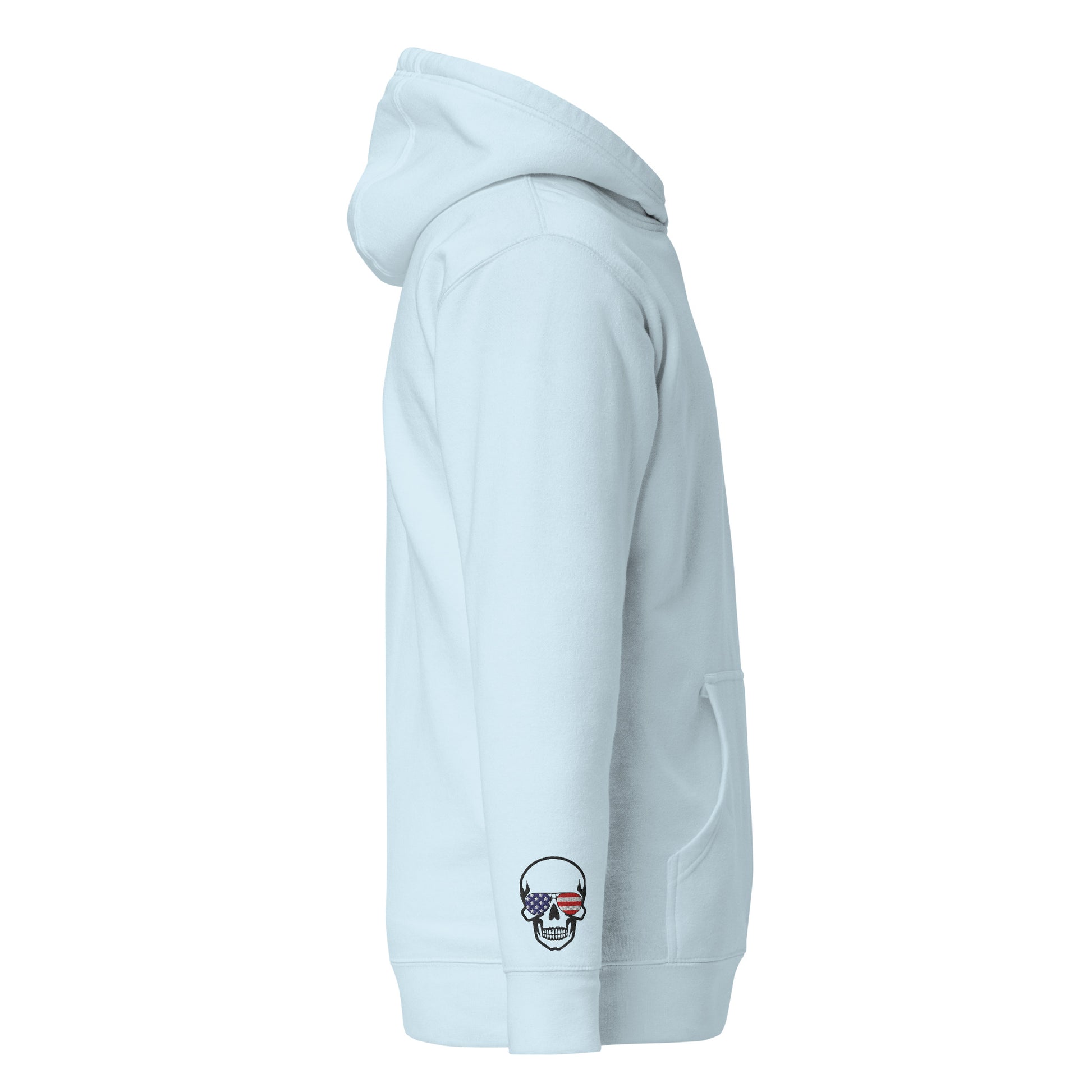 Left side view of sky blue hoodie, front pouch pocket, skull USA flag cuff patch