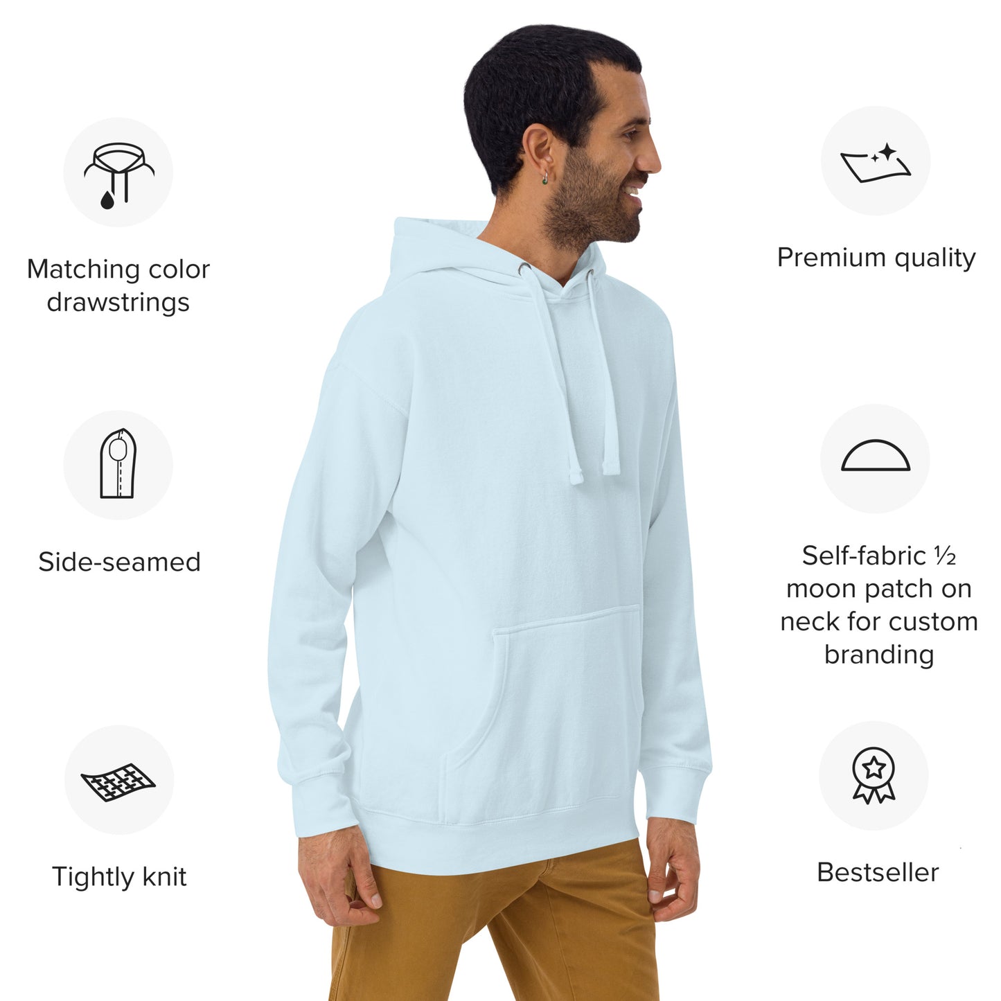 Side rear view of Sky Blue Happy Trump Embroidered Hoodie on bearded model walking, quality callouts