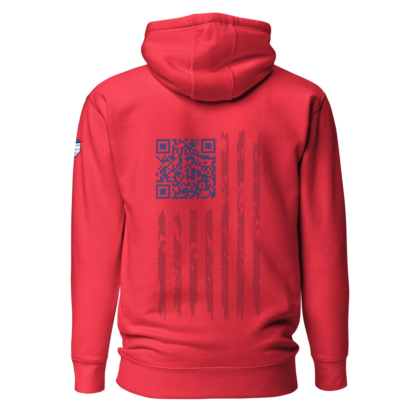 Back view of red Trump Christmas hoodie with QR code to Trump dance and weathered US flag
