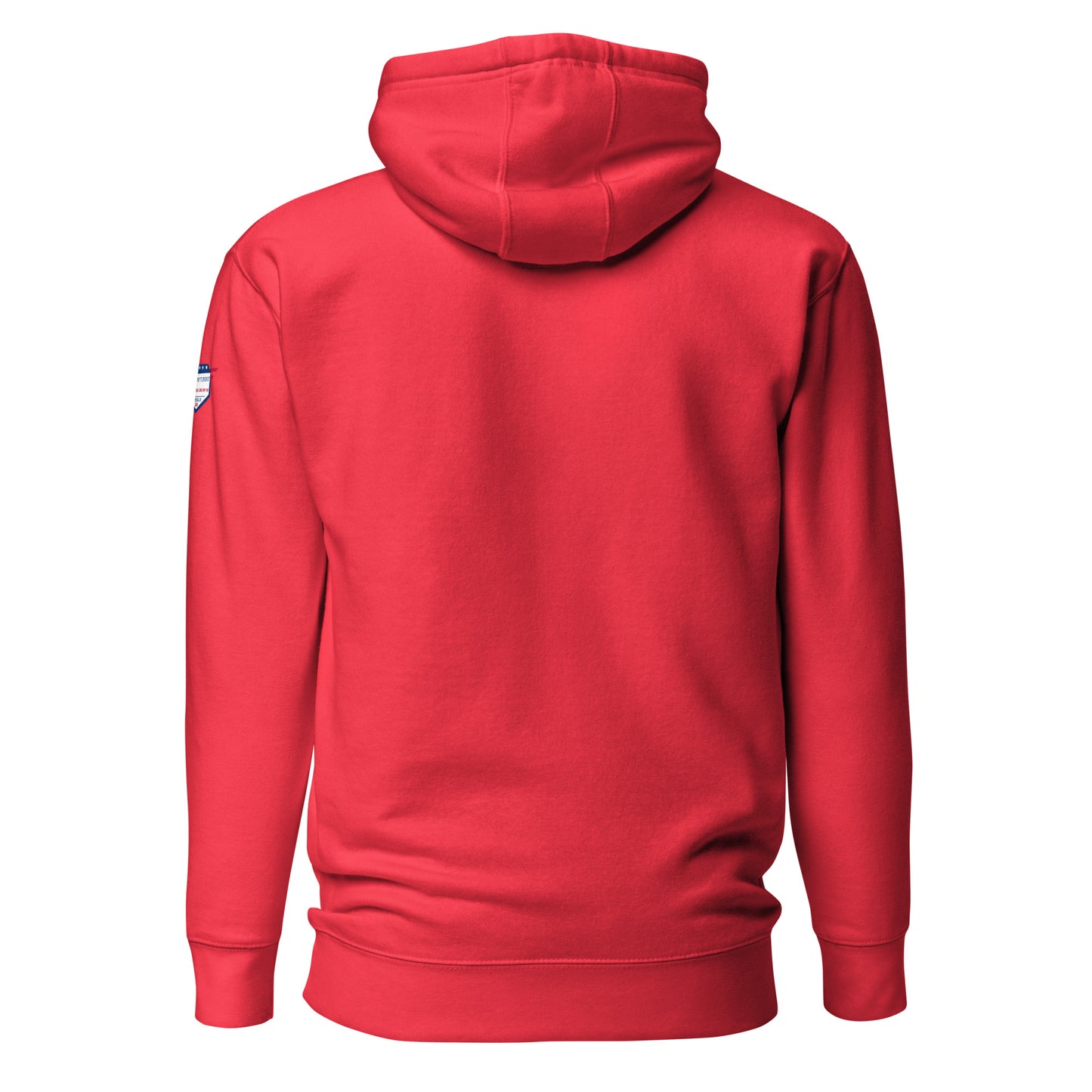 Back view of red unisex hoodie, clean design with small flag-style patch on shoulder