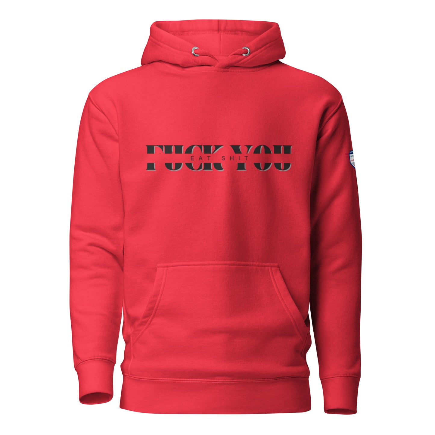 Back view of team red hoodie showing clean design and flag patch on shoulder